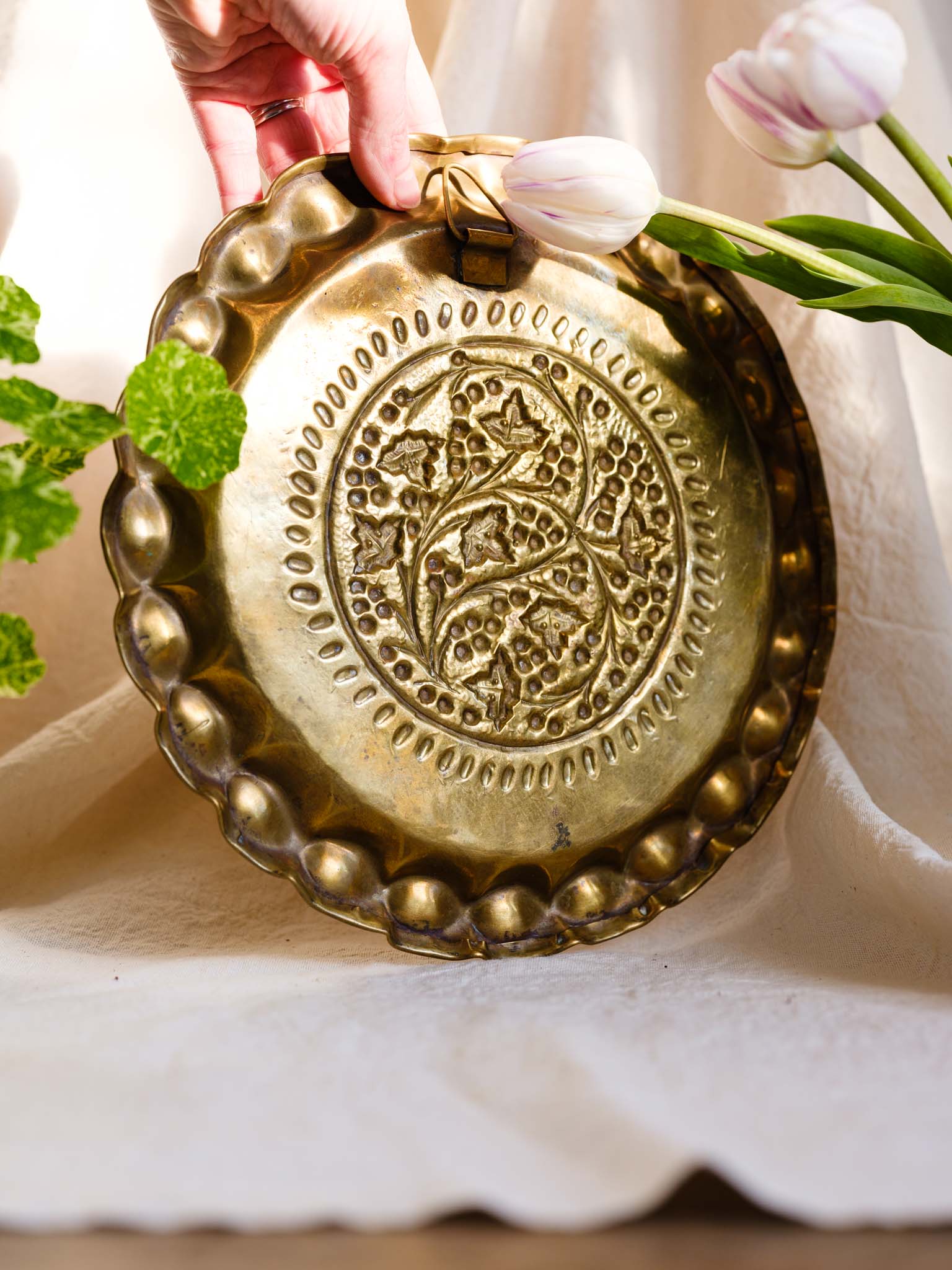 Vintage Brass Tray with Pie Crust Edge and Floral Design - Wall Hanging