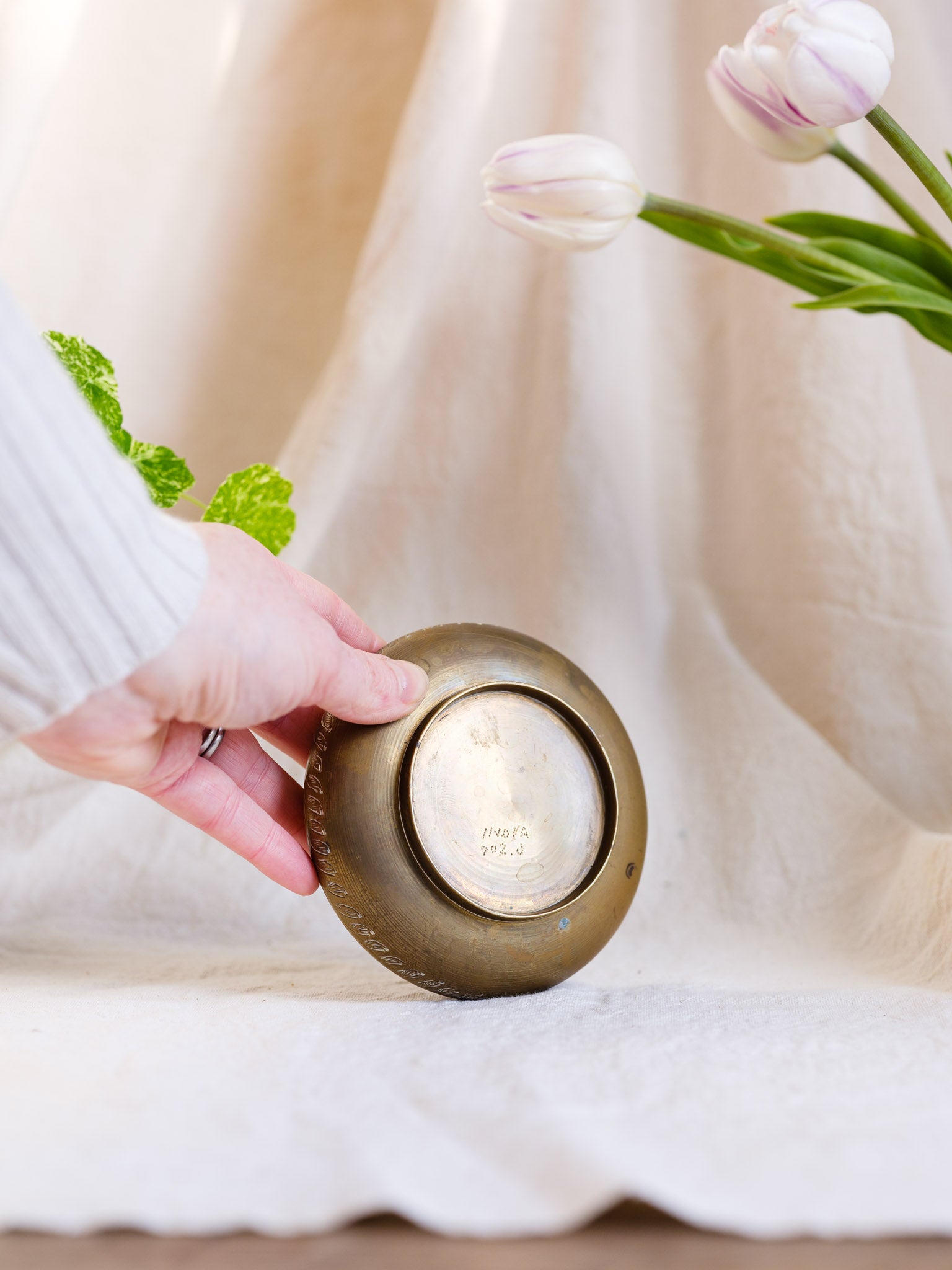 Vintage Etched Brass Vase with Frog
