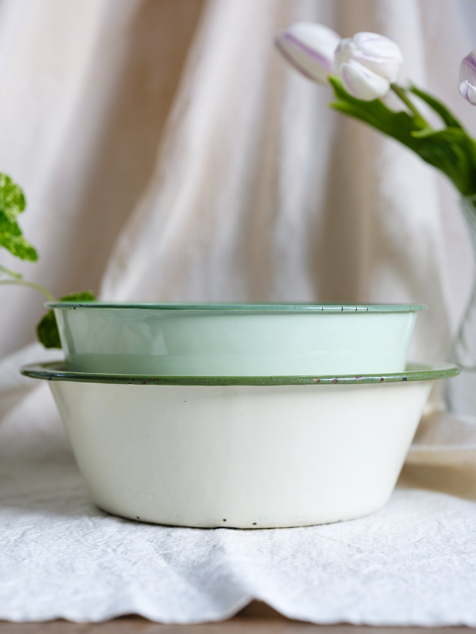 Vintage White Enamel Bowl with Green Stripe