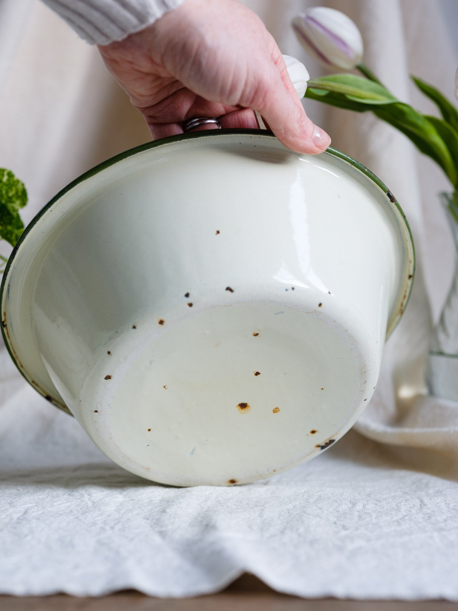 Vintage White Enamel Bowl with Green Stripe