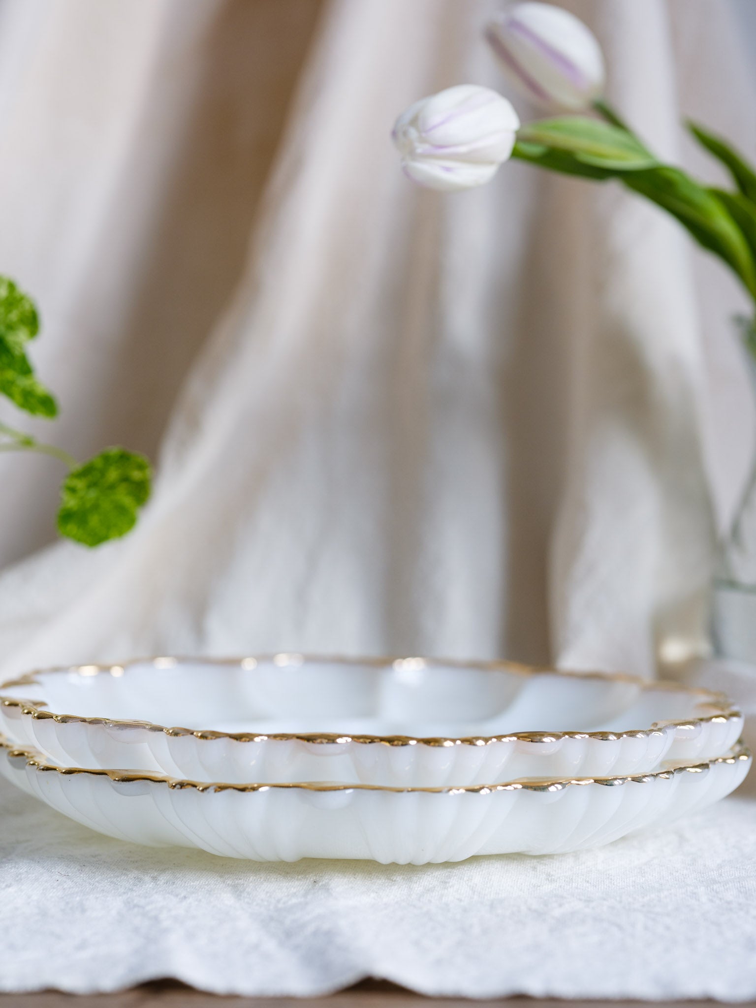 Two available - Vintage Anchor Hocking Milk Glass Egg Plate with Gold Trim