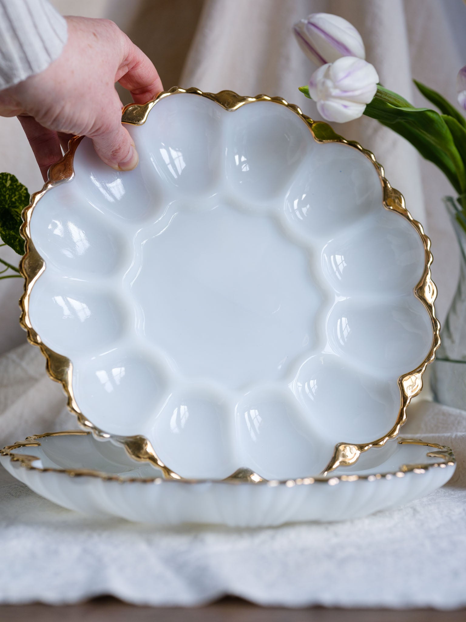 Two available - Vintage Anchor Hocking Milk Glass Egg Plate with Gold Trim
