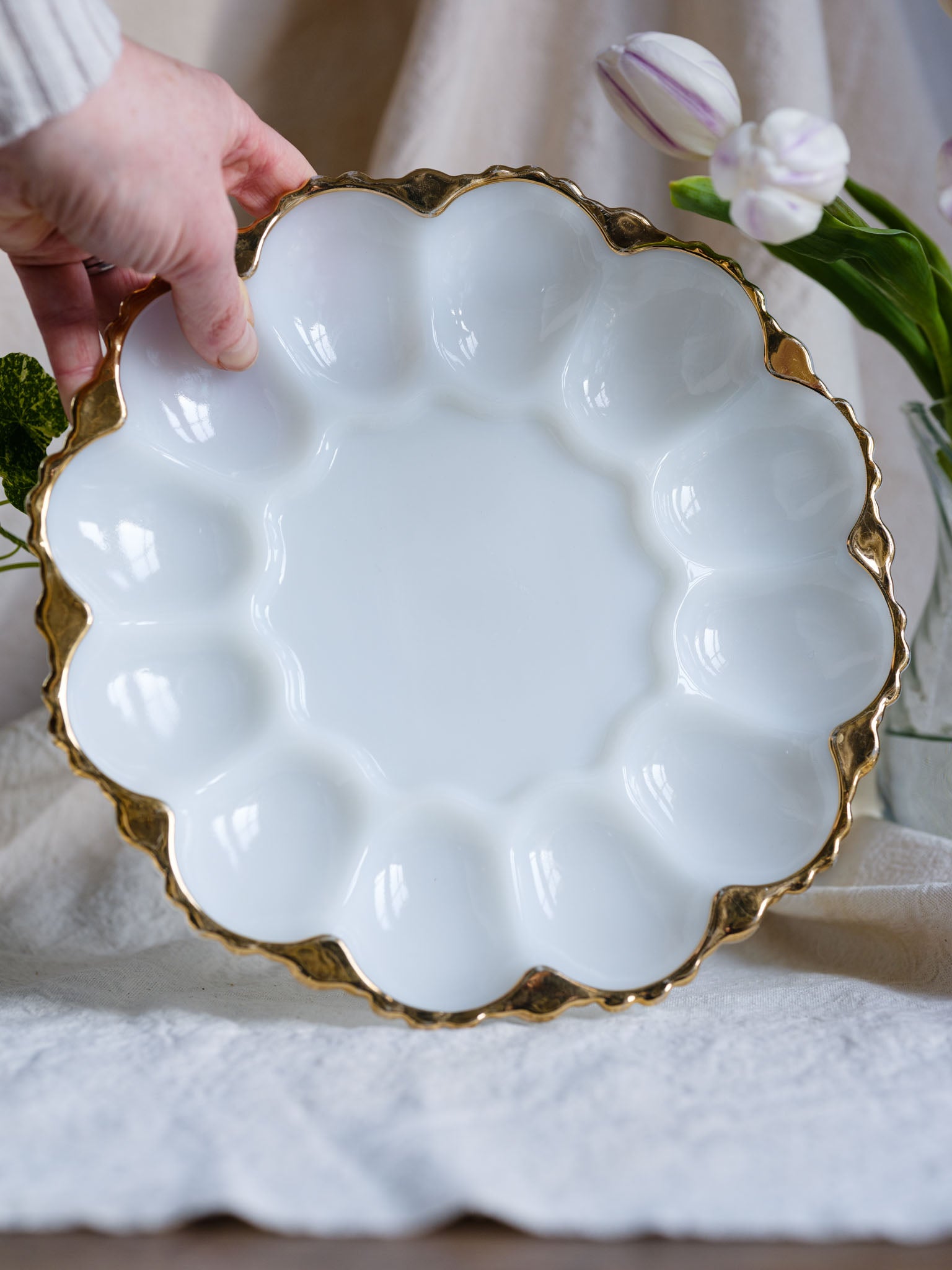 Two available - Vintage Anchor Hocking Milk Glass Egg Plate with Gold Trim