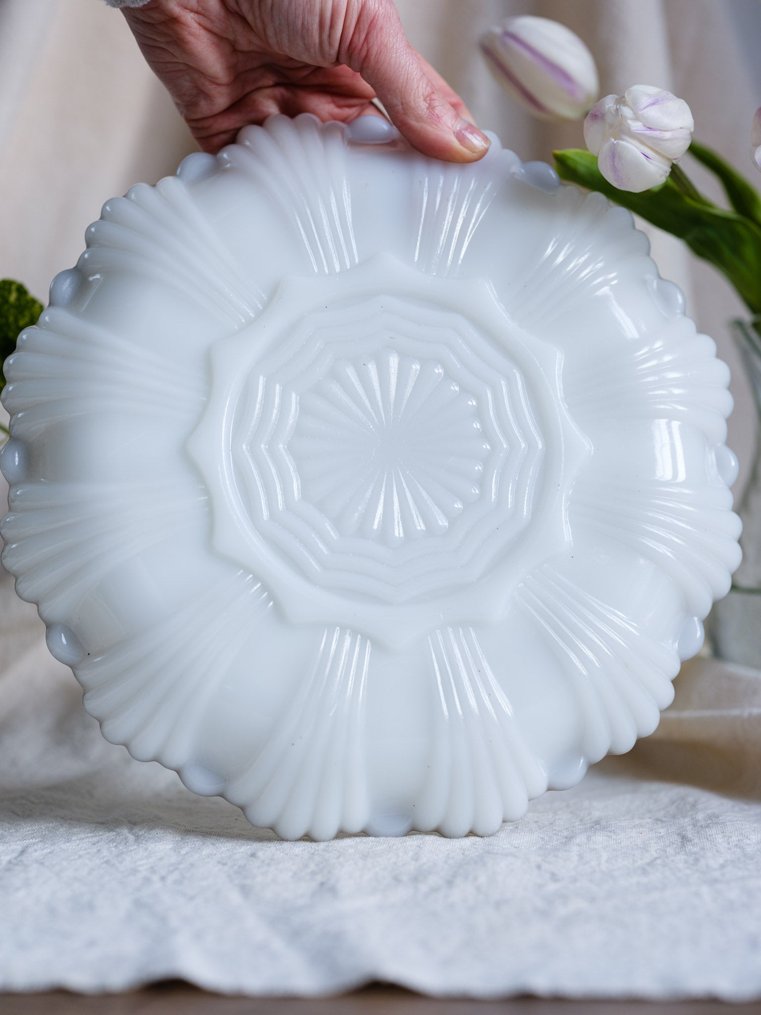 Two available - Vintage Anchor Hocking Milk Glass Egg Plate with Gold Trim