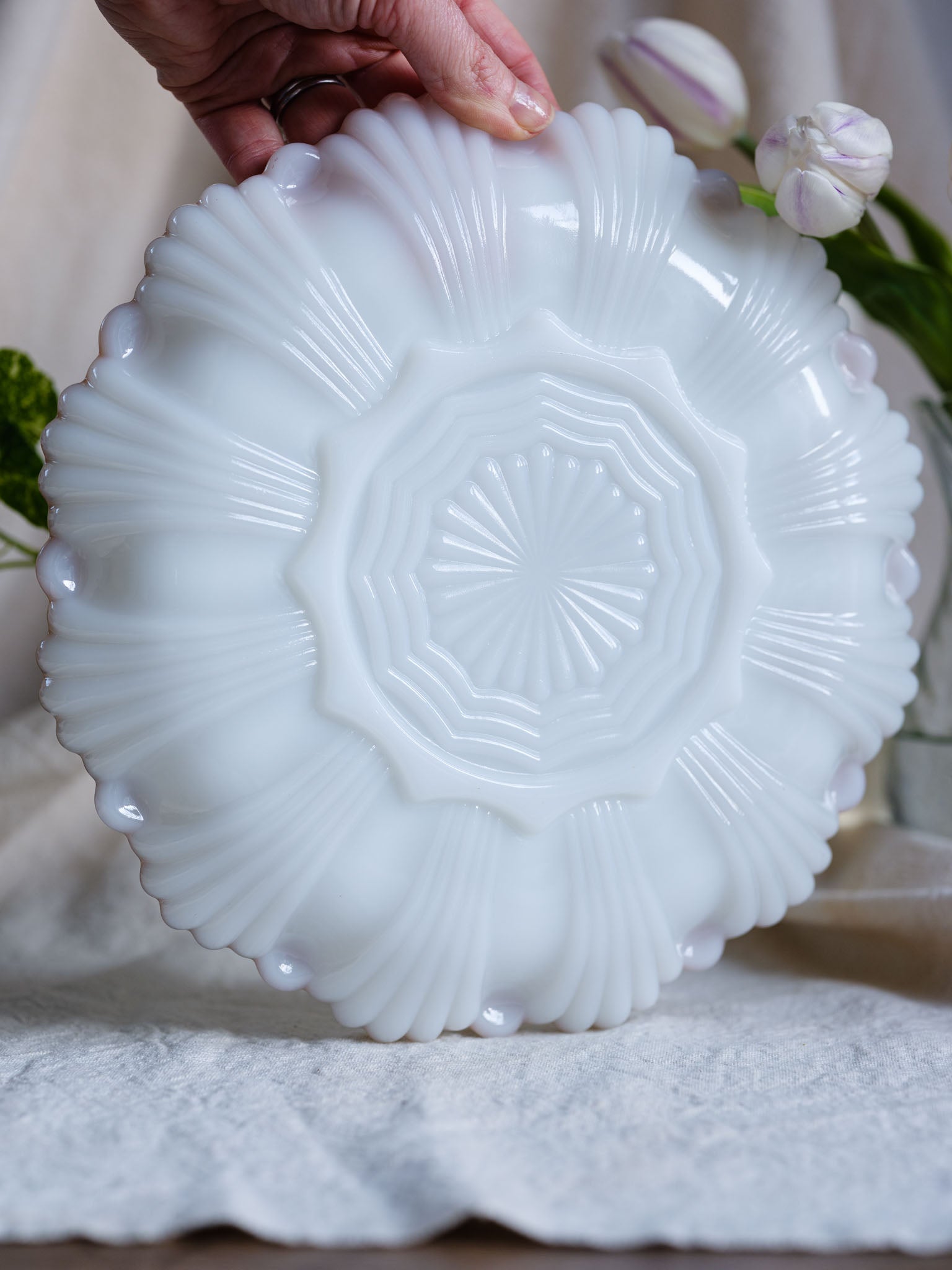 Two available - Vintage Anchor Hocking Milk Glass Egg Plate with Gold Trim