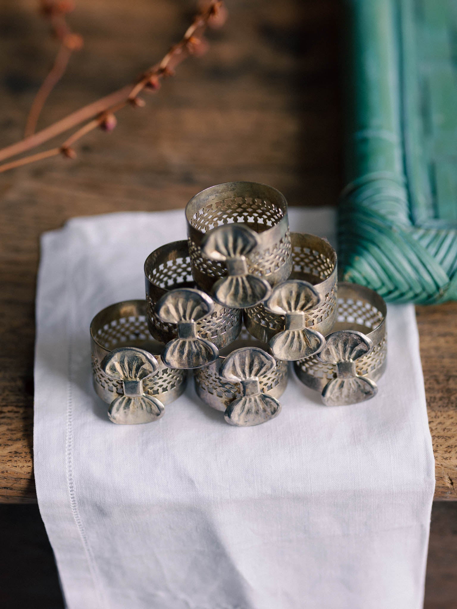 Set of 6 Vintage Silver-Plated Napkin Rings - Victorian Style with Bows
