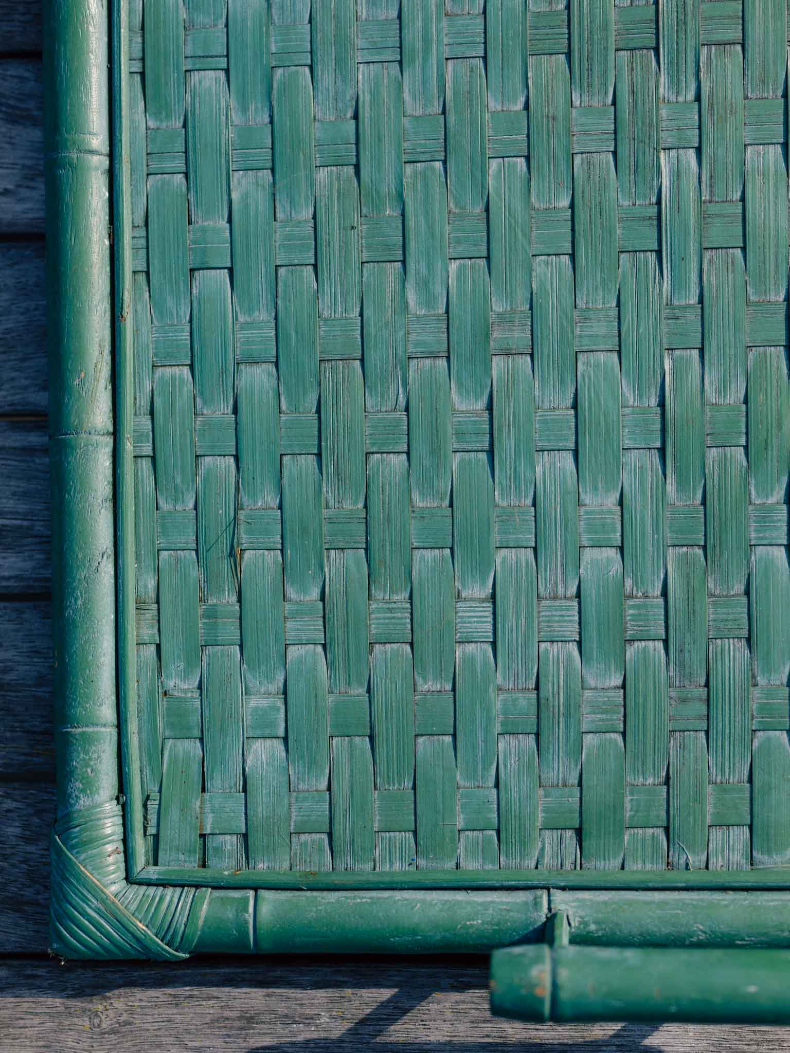 Vintage Woven Bamboo Serving Tray - Painted Green