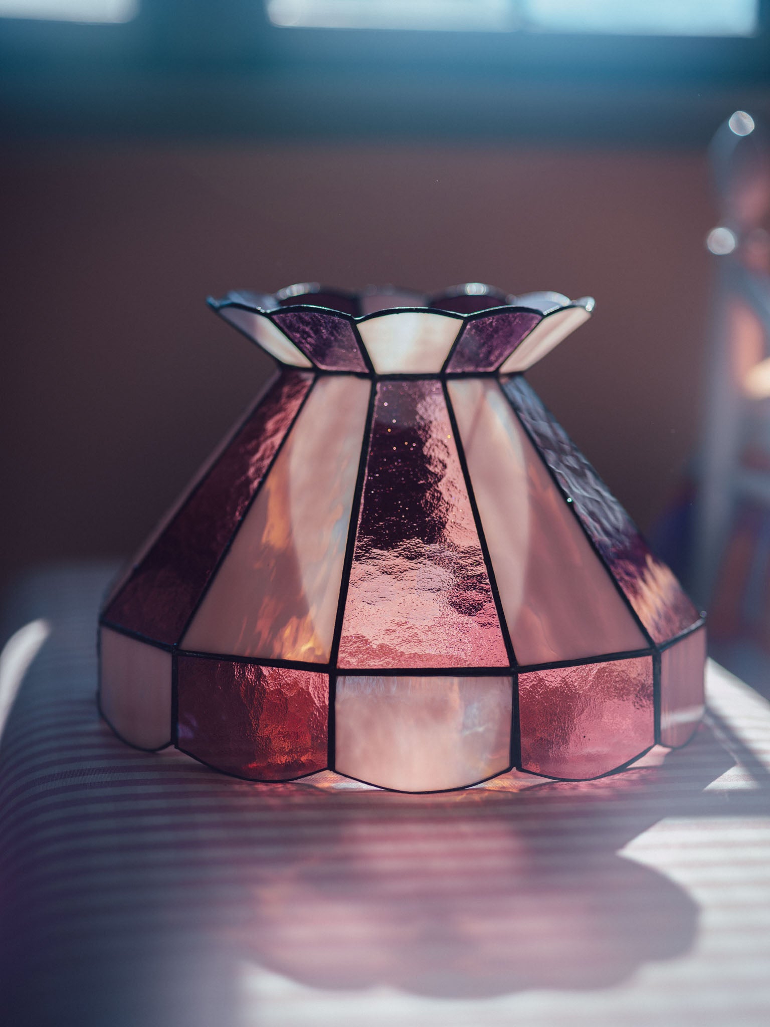 Large Vintage Pink Leadlight Glass Pendant Lightshade