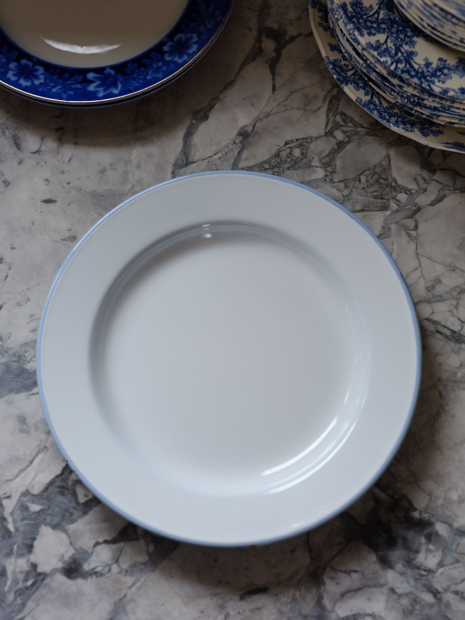 Vintage Enamel Dinner Plates with Light Blue Rim - Set of 4