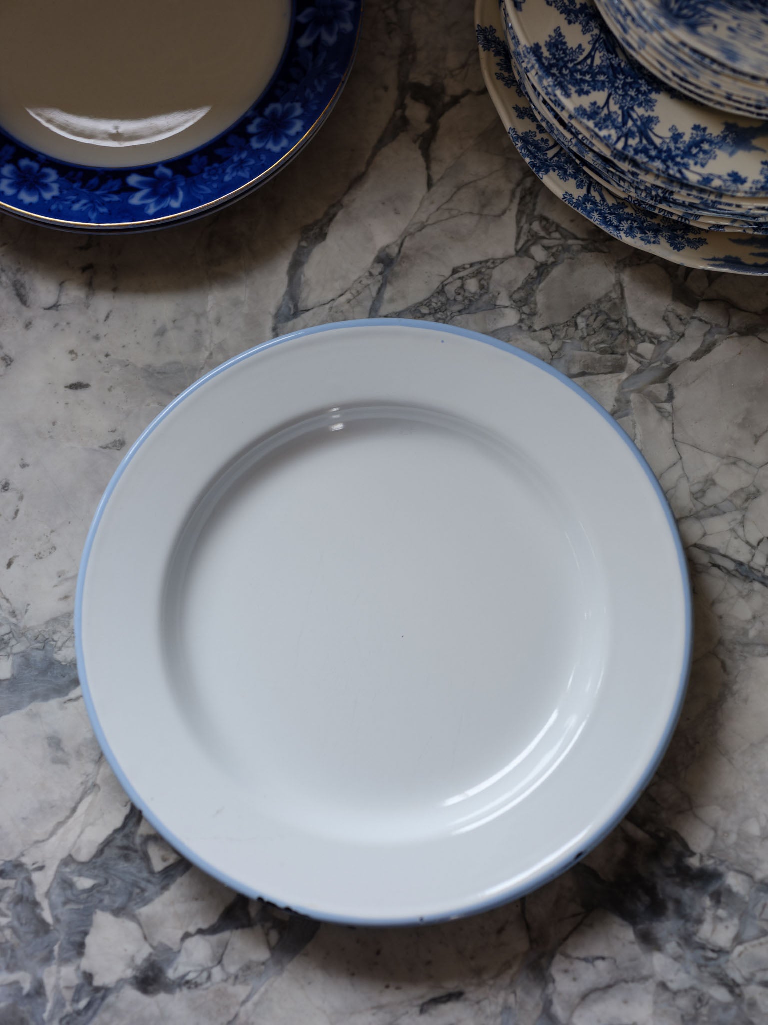 Vintage Enamel Dinner Plates with Light Blue Rim - Set of 4