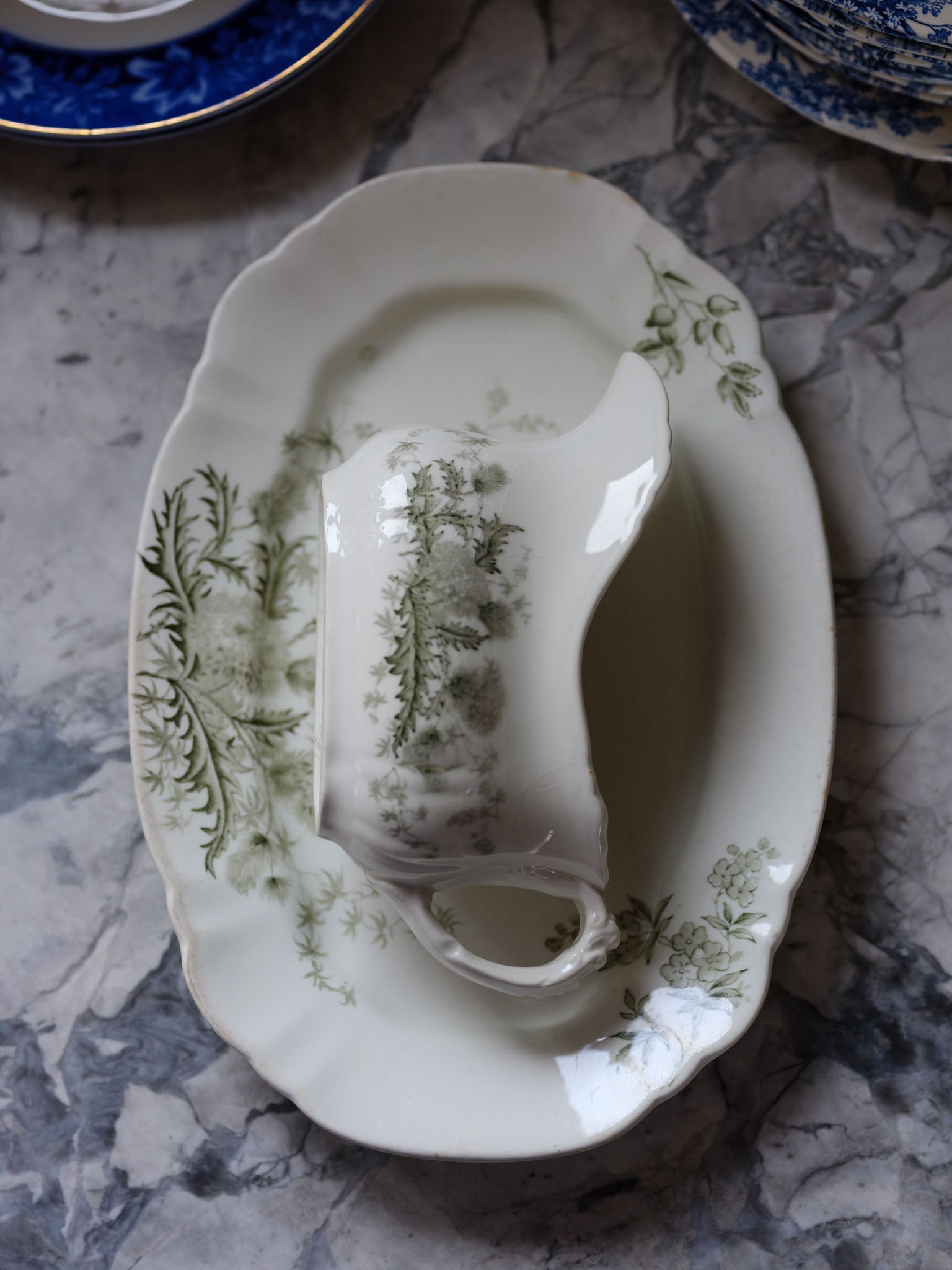 John Edwards Thistle Green Gray Platter & Gravy Boat – Vintage English Tableware