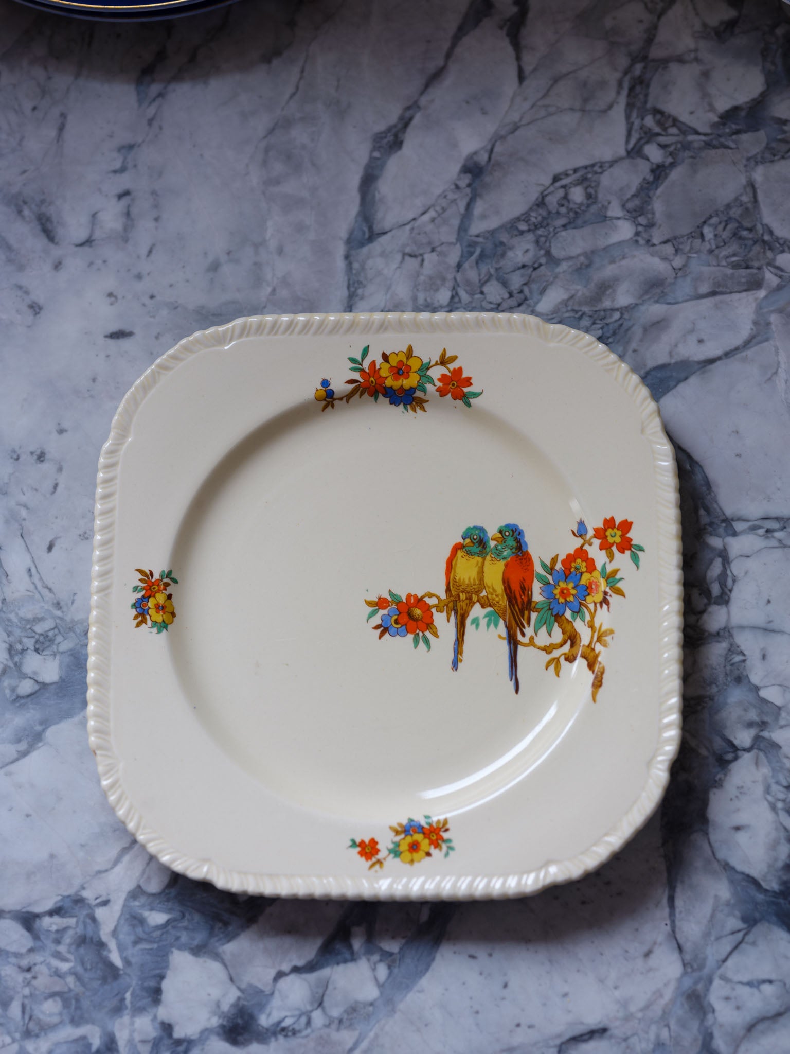 Staffordshire Knot Cake Plate – Vintage English China with Parrots & Floral Design