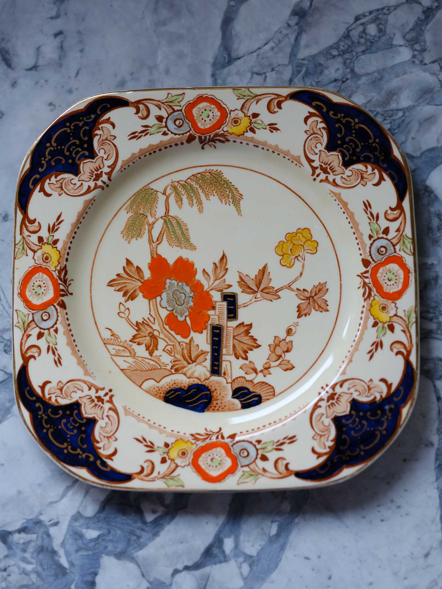 Wood & Sons Ontario Plate – Vintage English China with Cobalt Panels & Orange Floral