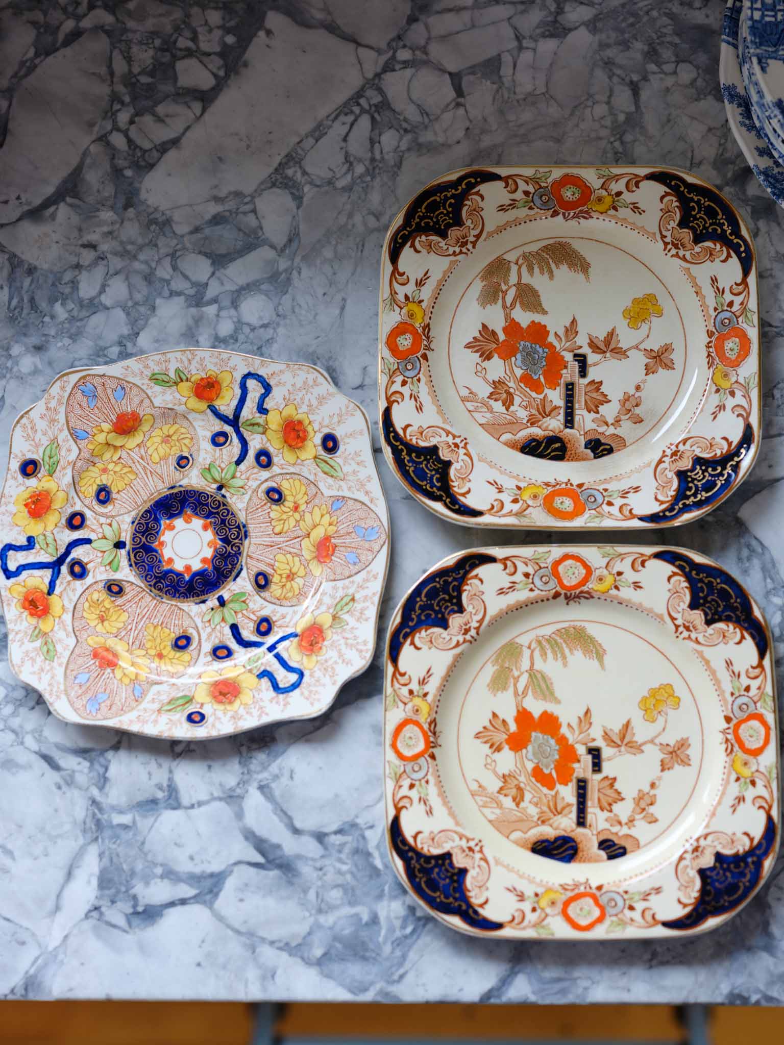 Wood & Sons Ontario Plate – Vintage English China with Cobalt Panels & Orange Floral