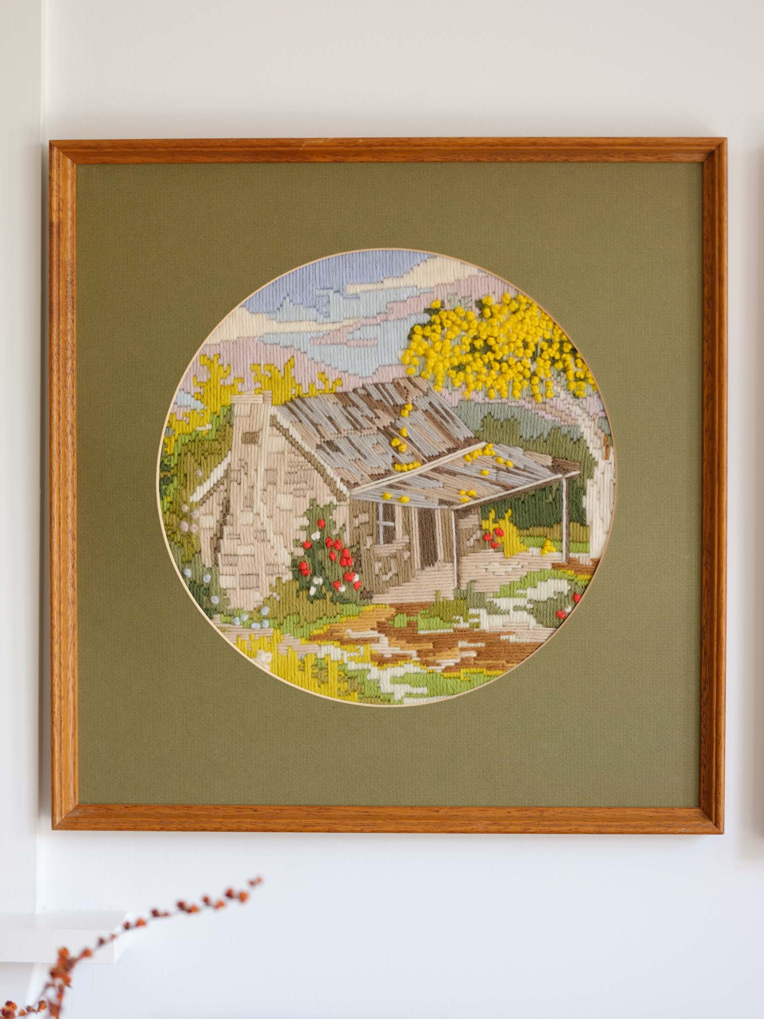 Vintage Framed Longstitch / Needlepoint Cottage Scene with Green Mat