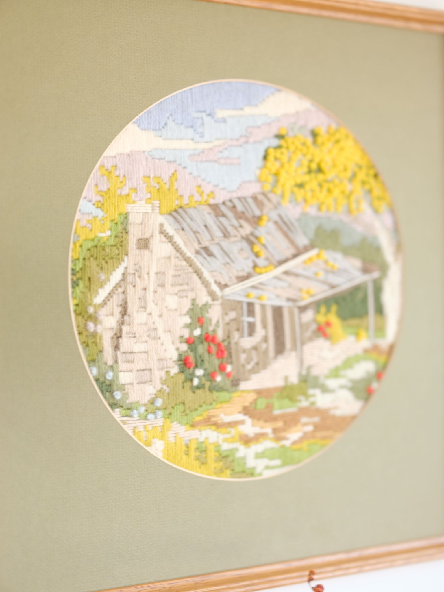 Vintage Framed Longstitch / Needlepoint Cottage Scene with Green Mat
