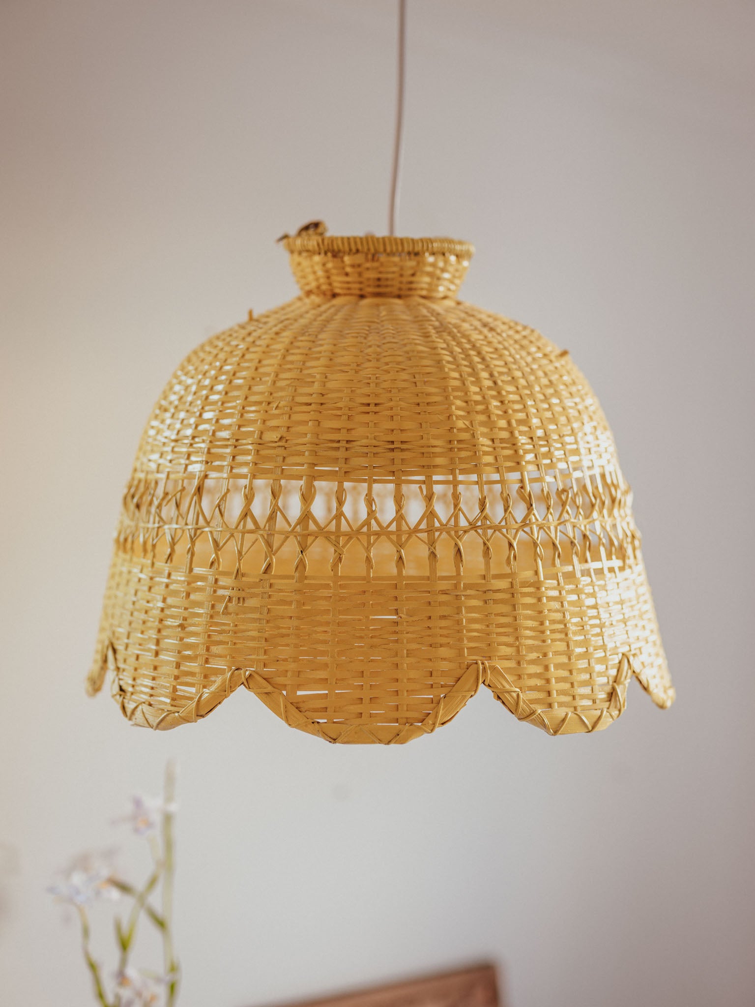Vintage Yellow Cane Pendant Light Shade - Large Rattan Statement Piece (40cm)