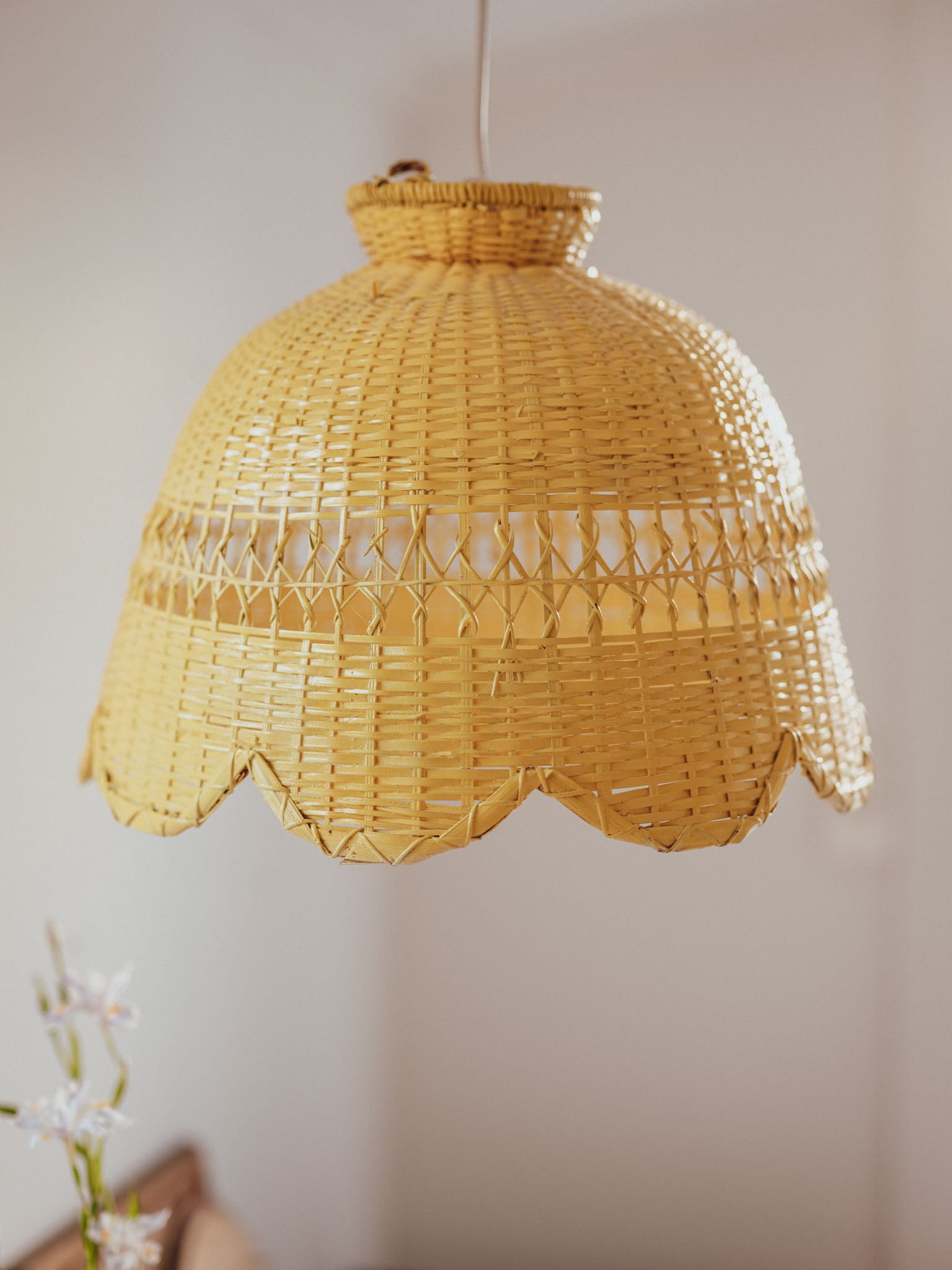 Vintage Yellow Cane Pendant Light Shade - Large Rattan Statement Piece (40cm)