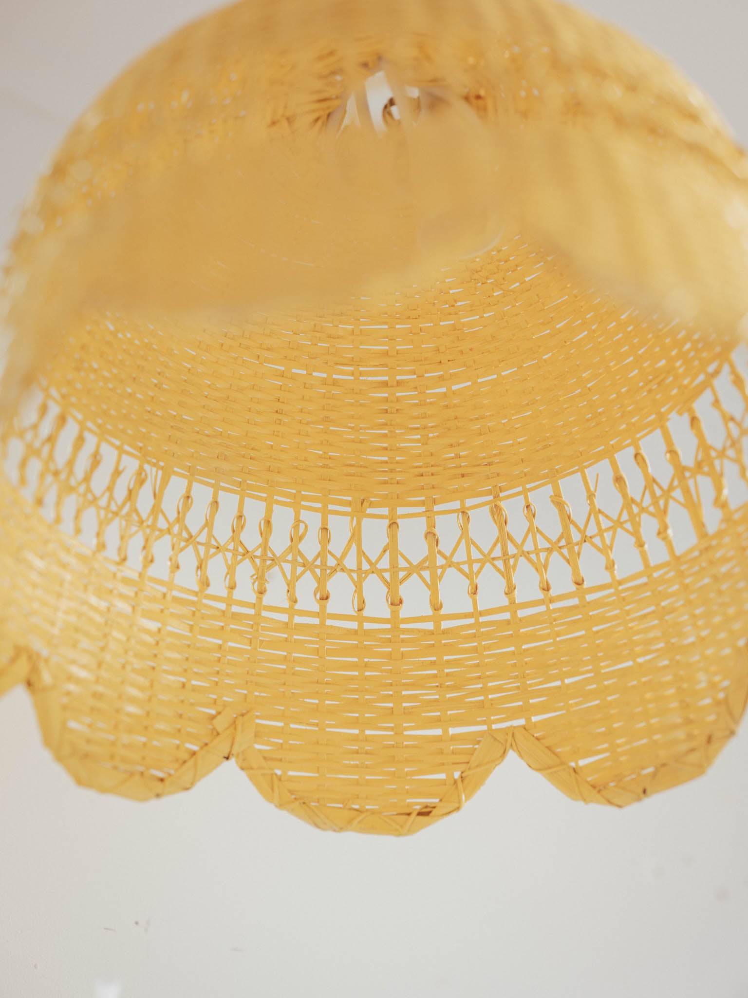 Vintage Yellow Cane Pendant Light Shade - Large Rattan Statement Piece (40cm)