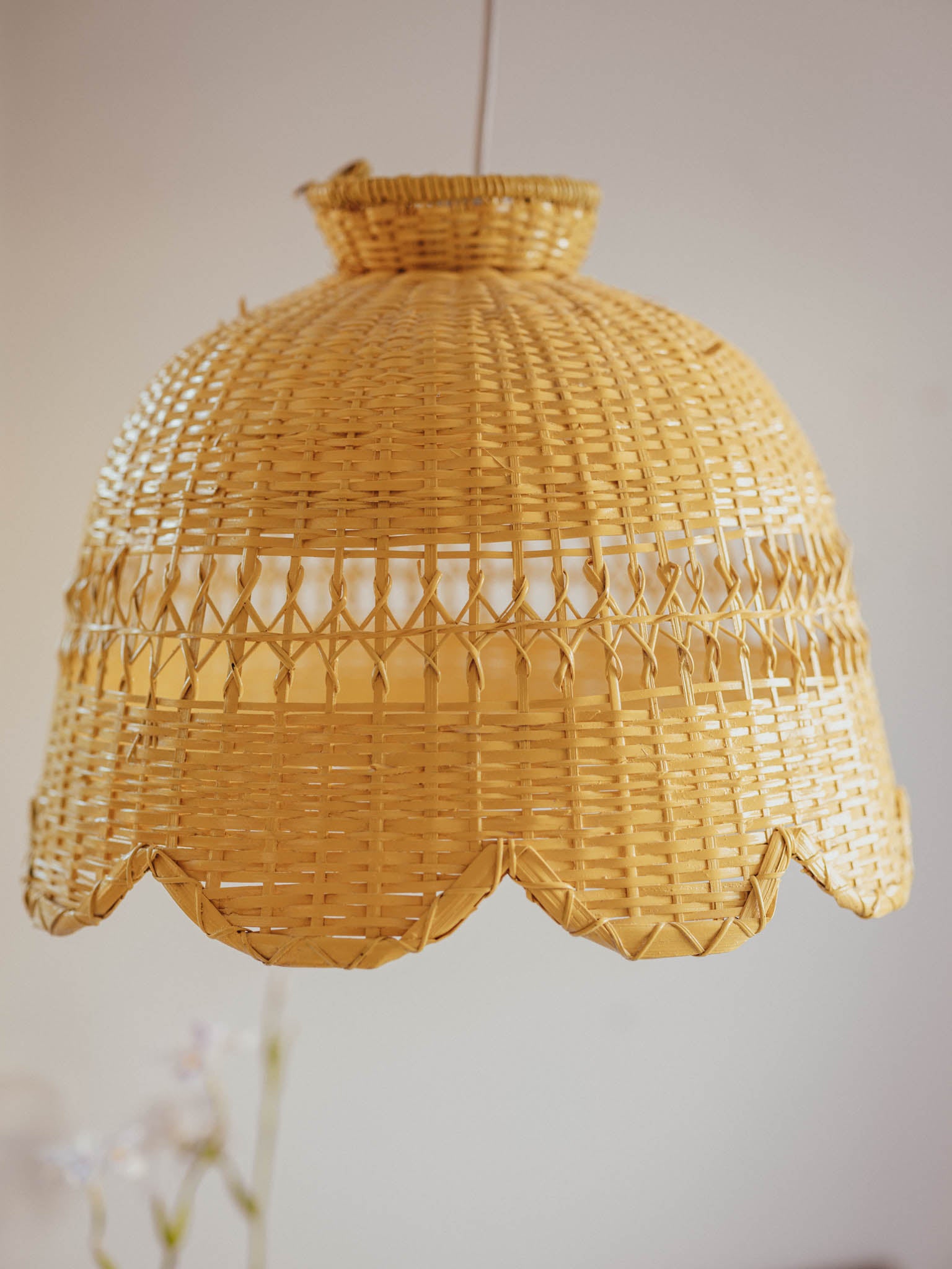 Vintage Yellow Cane Pendant Light Shade - Large Rattan Statement Piece (40cm)
