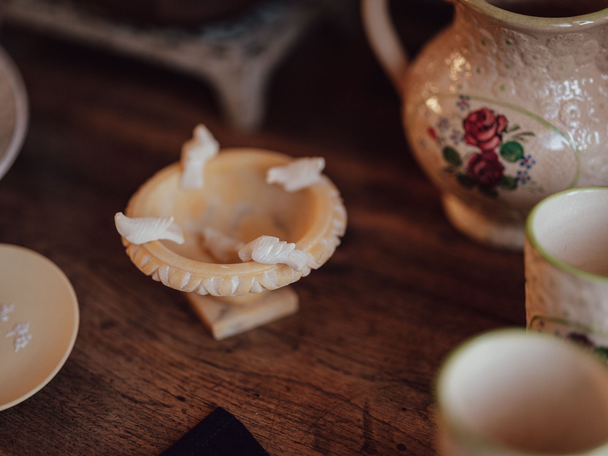 Golden Alabaster Miniature Bird Bath with Four Birds