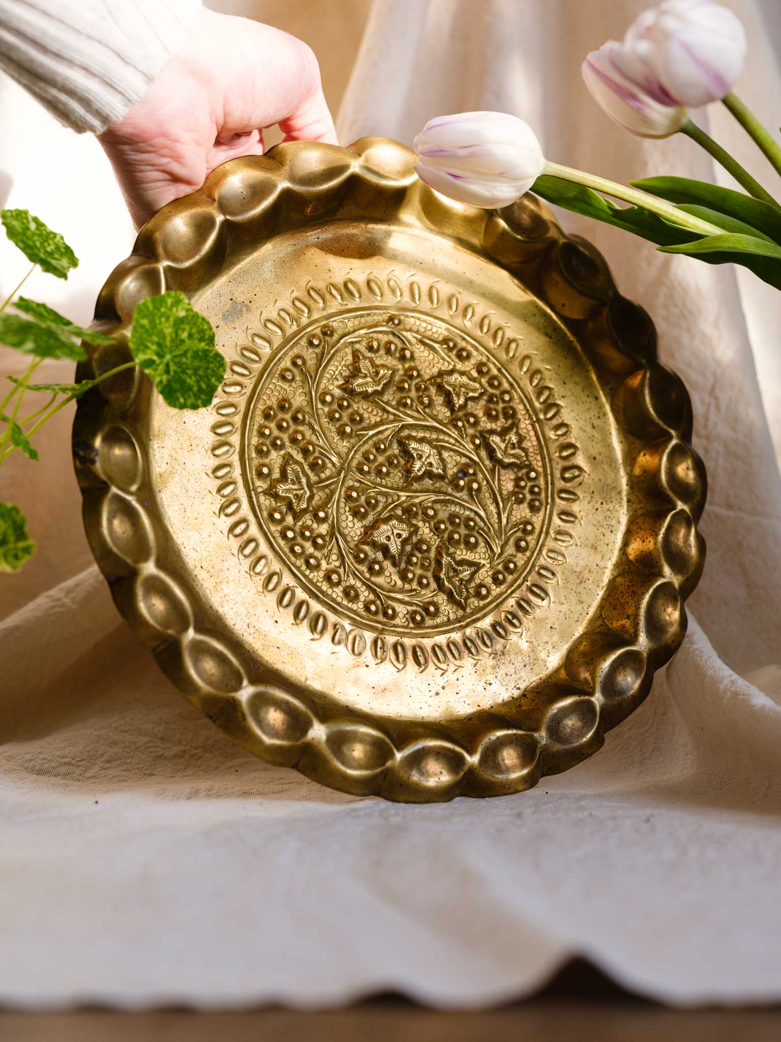 Vintage Brass Tray with Pie Crust Edge and Floral Design - Wall Hanging