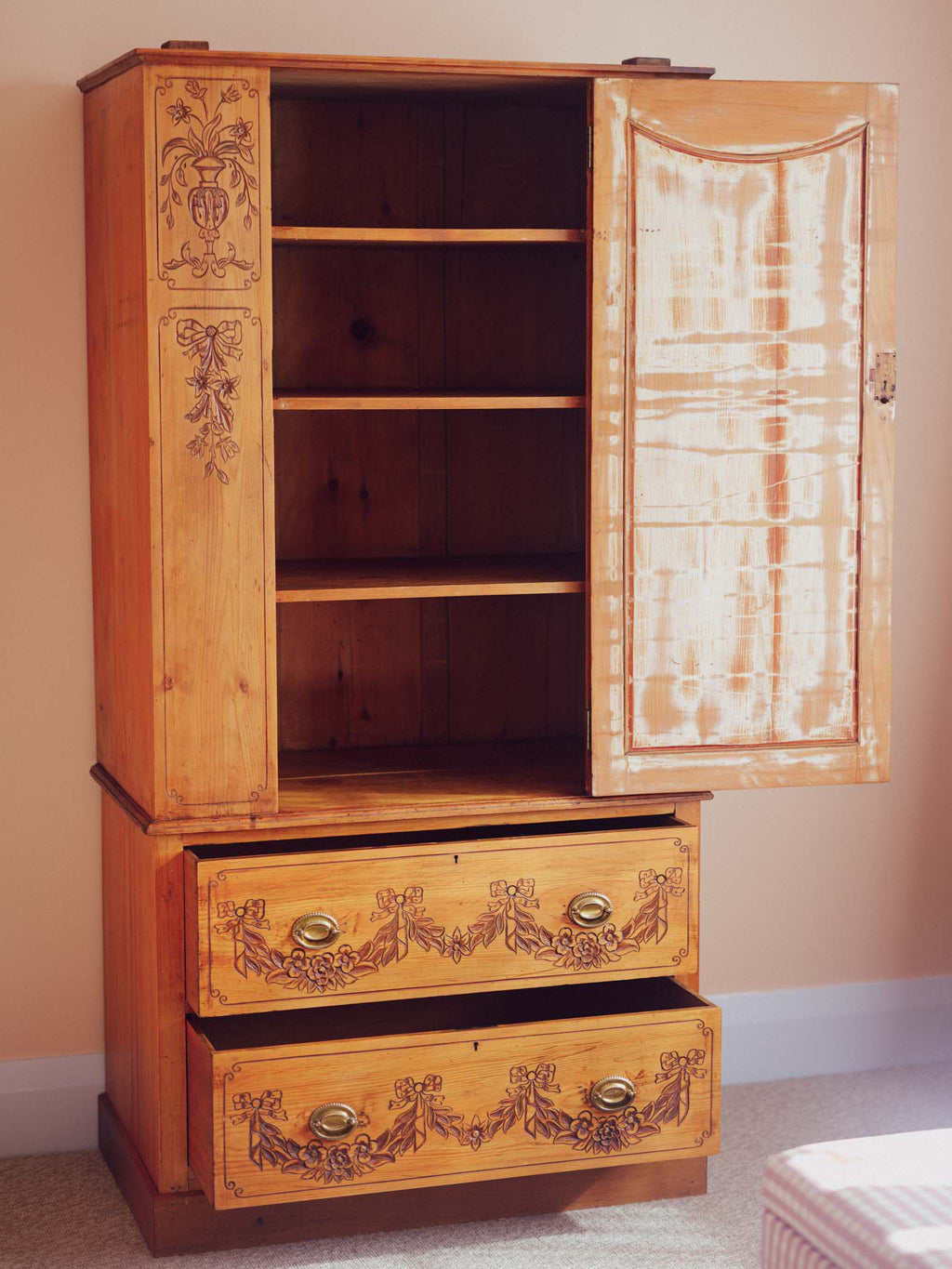 Bows & Florals - Antique Folk Art Cupboard w Drawers