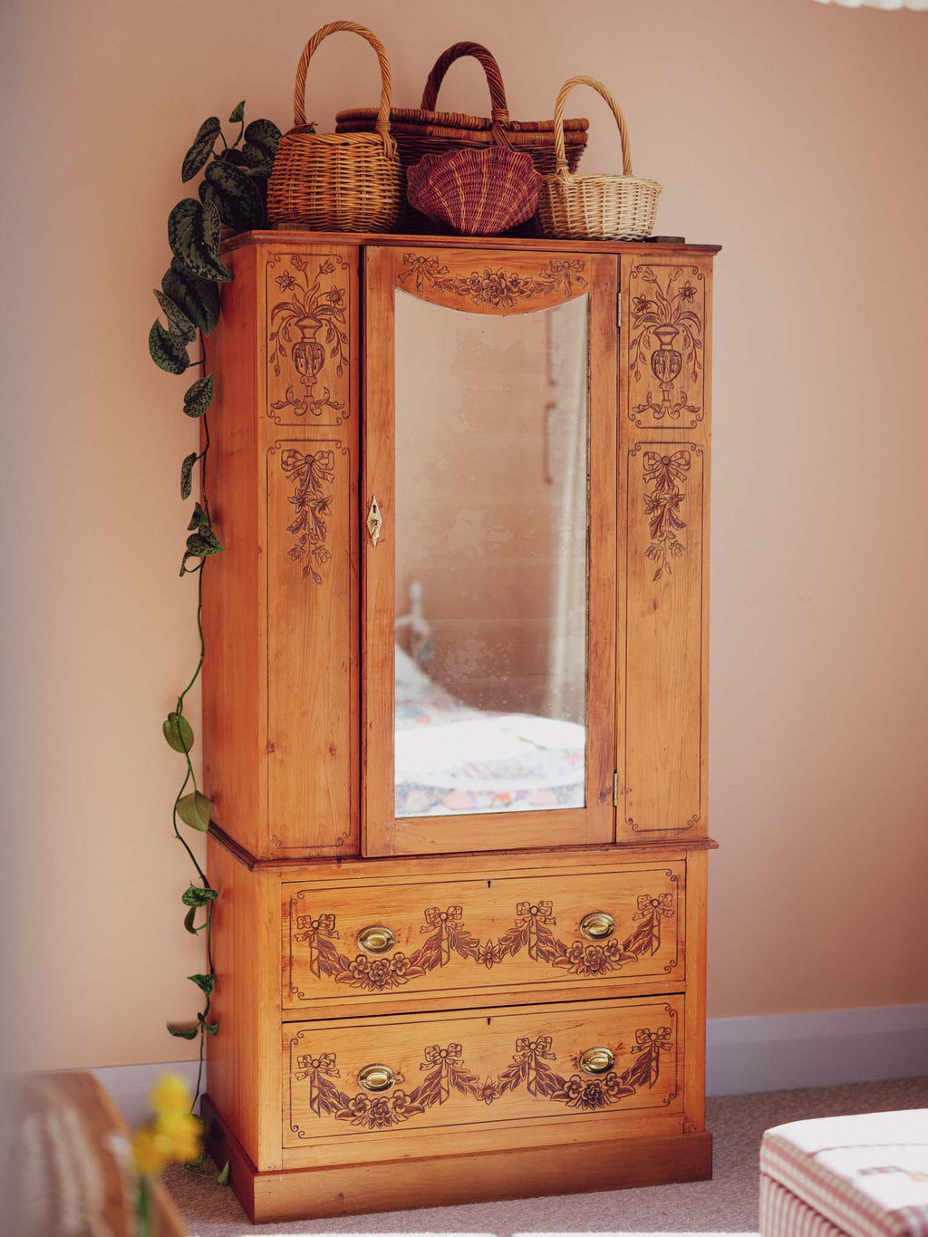 Bows & Florals - Antique Folk Art Cupboard w Drawers