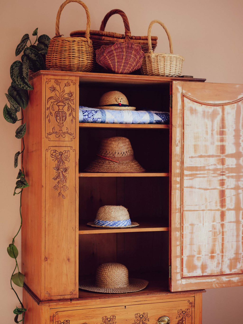 Bows & Florals - Antique Folk Art Cupboard w Drawers