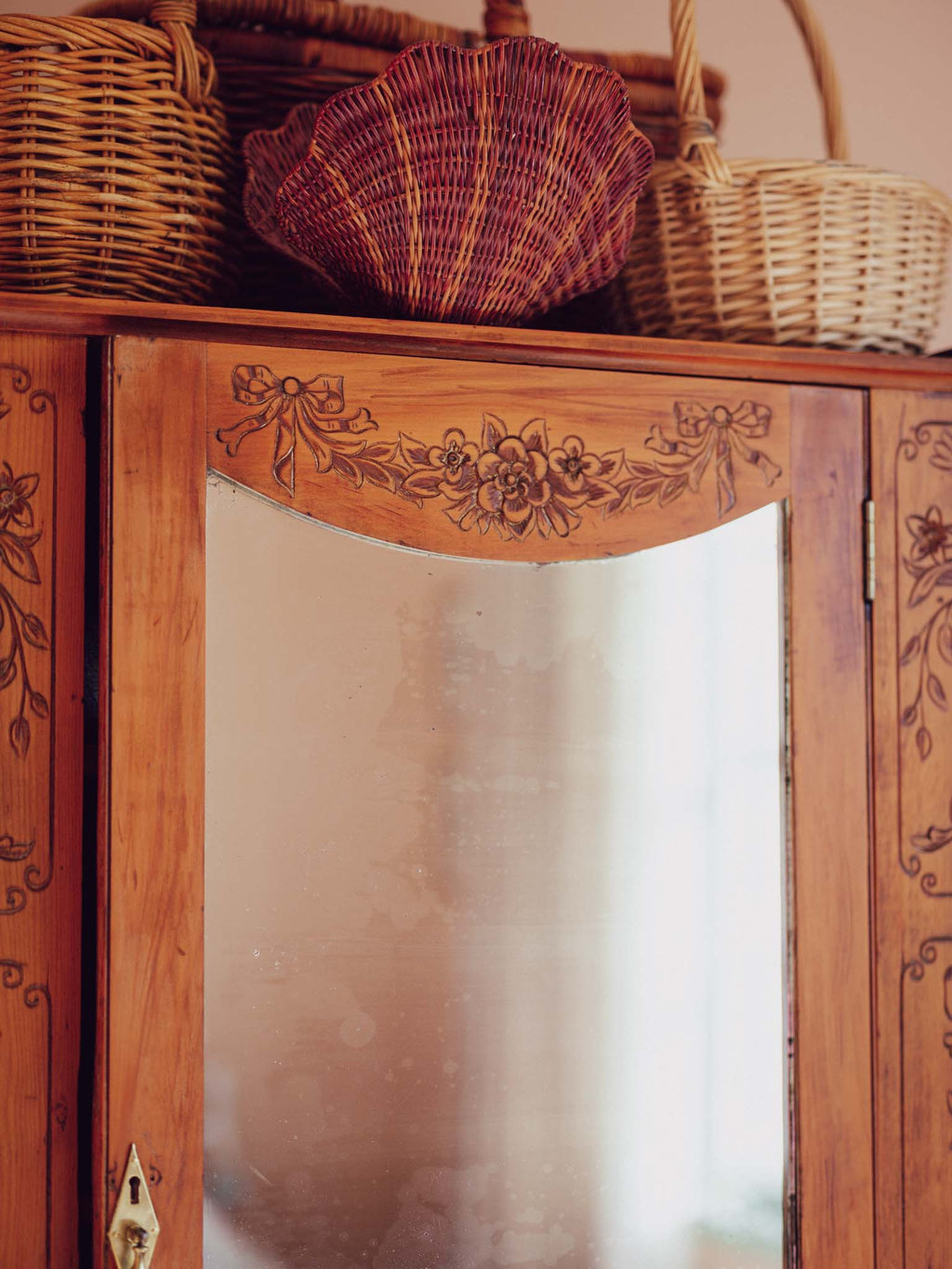 Bows & Florals - Antique Folk Art Cupboard w Drawers