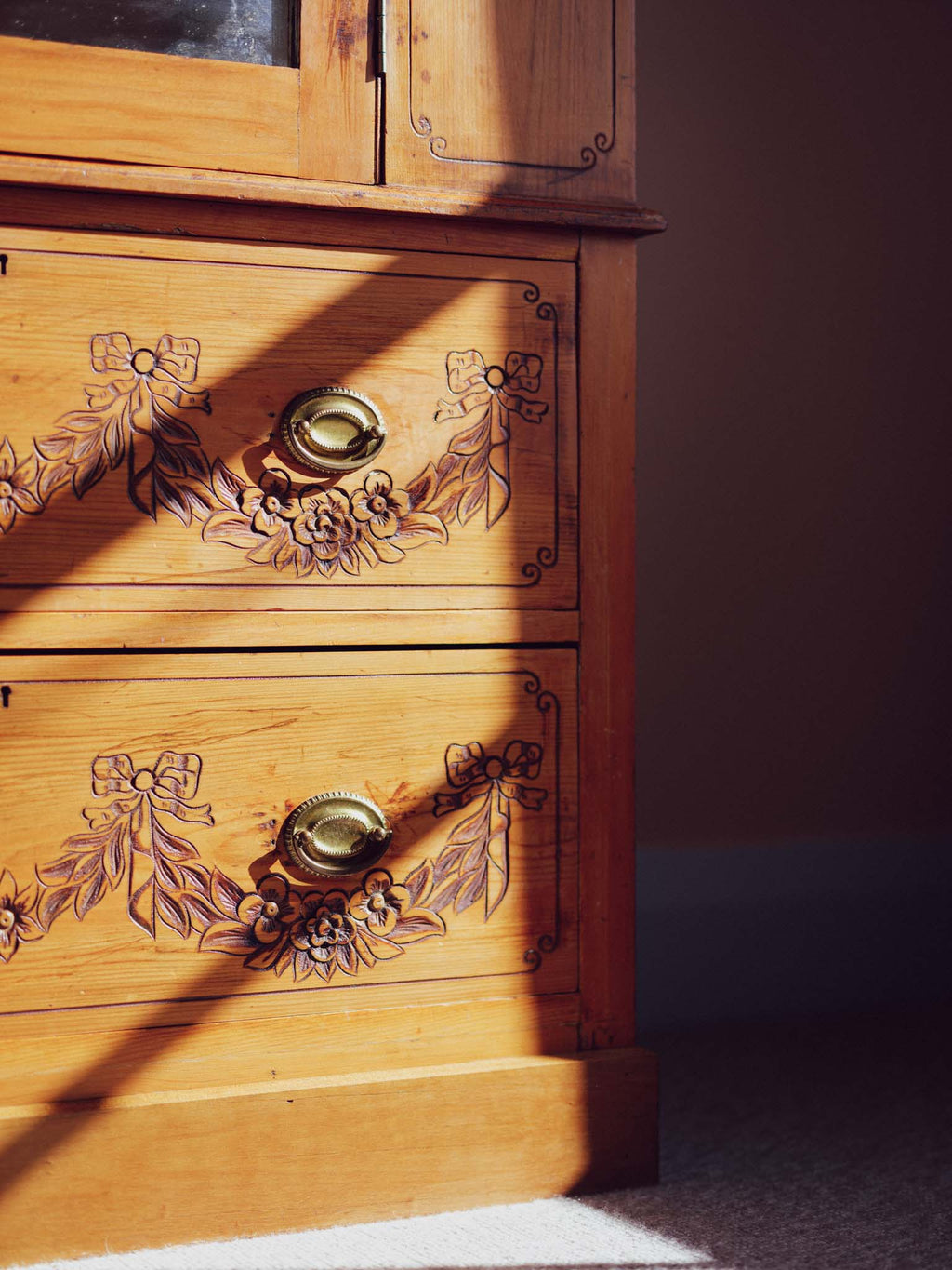 Bows & Florals - Antique Folk Art Cupboard w Drawers