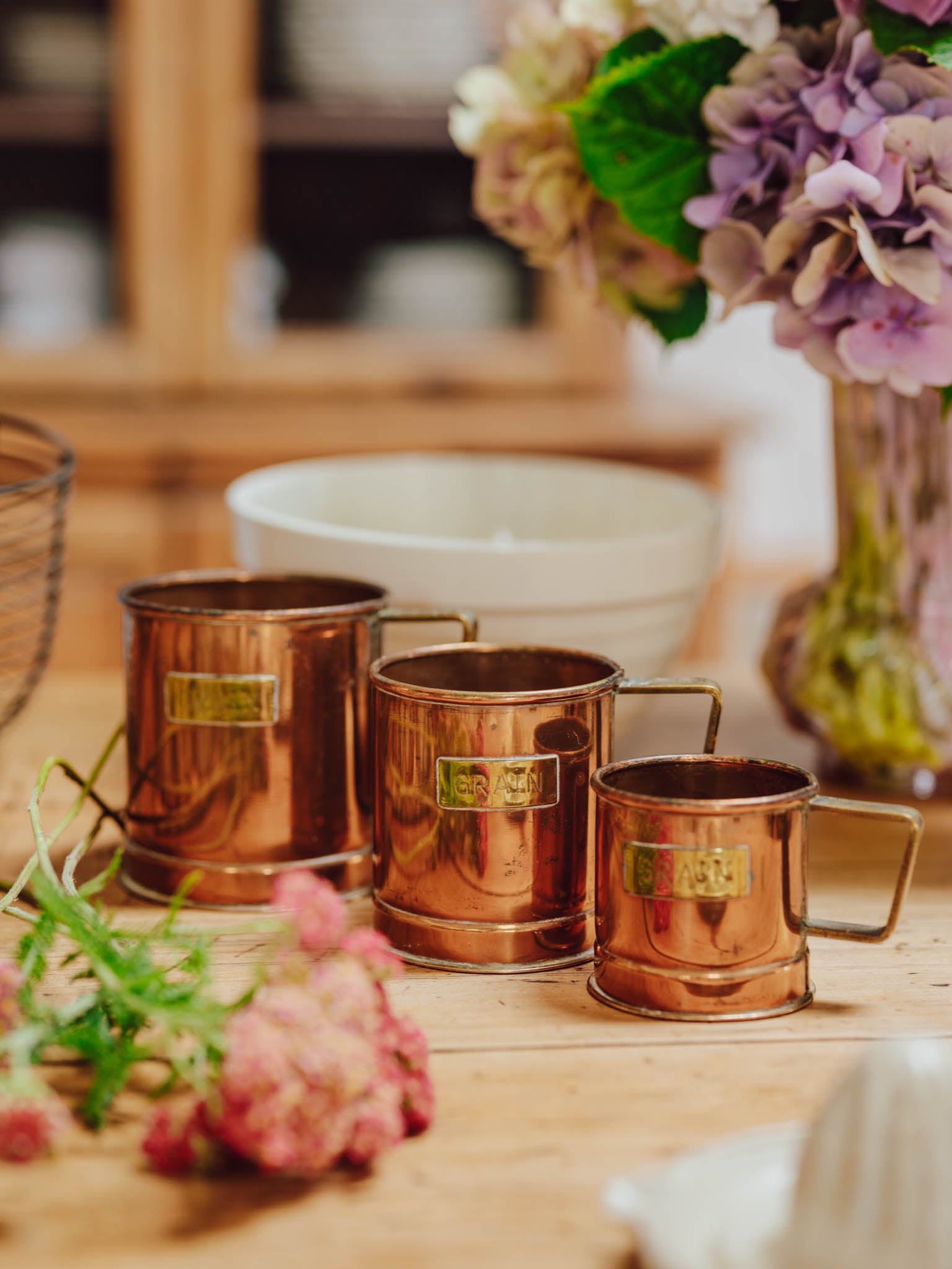 Set Of 3 Grain Copper And Brass Measures