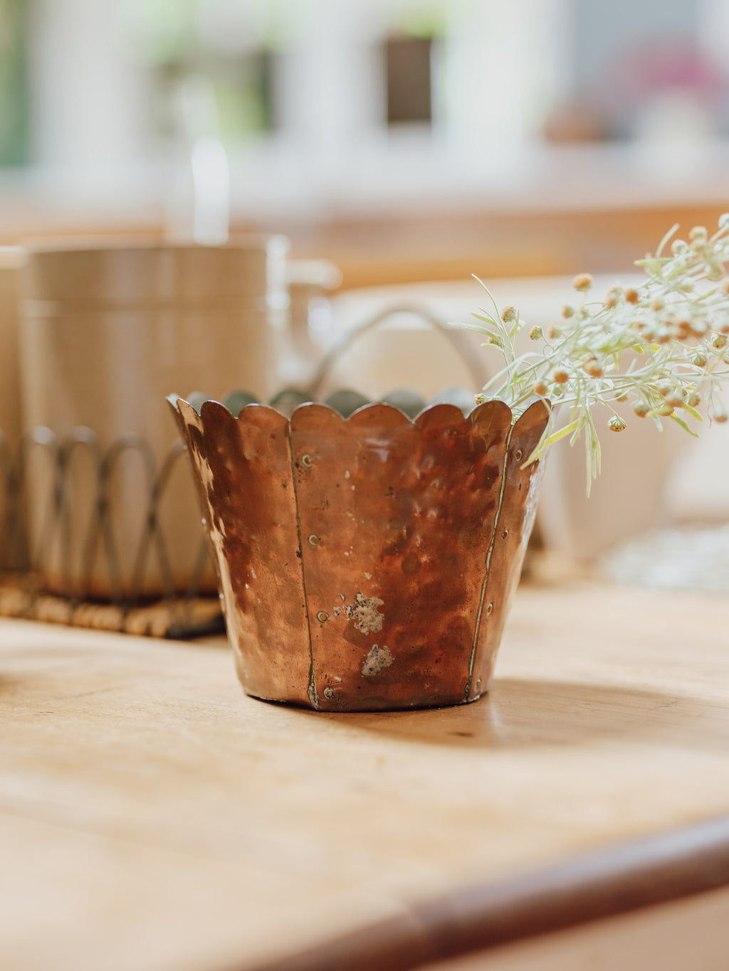 Vintage Handmade Copper Planter - Scalloped Rim