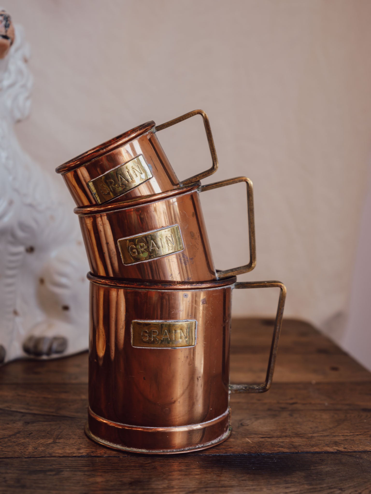 Set Of 3 Grain Copper And Brass Measures