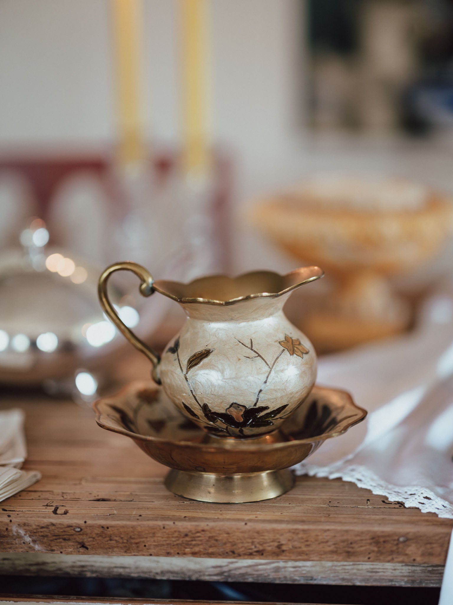 Vintage Enameled Brass Pitcher & Bowl Set | Cream & Floral