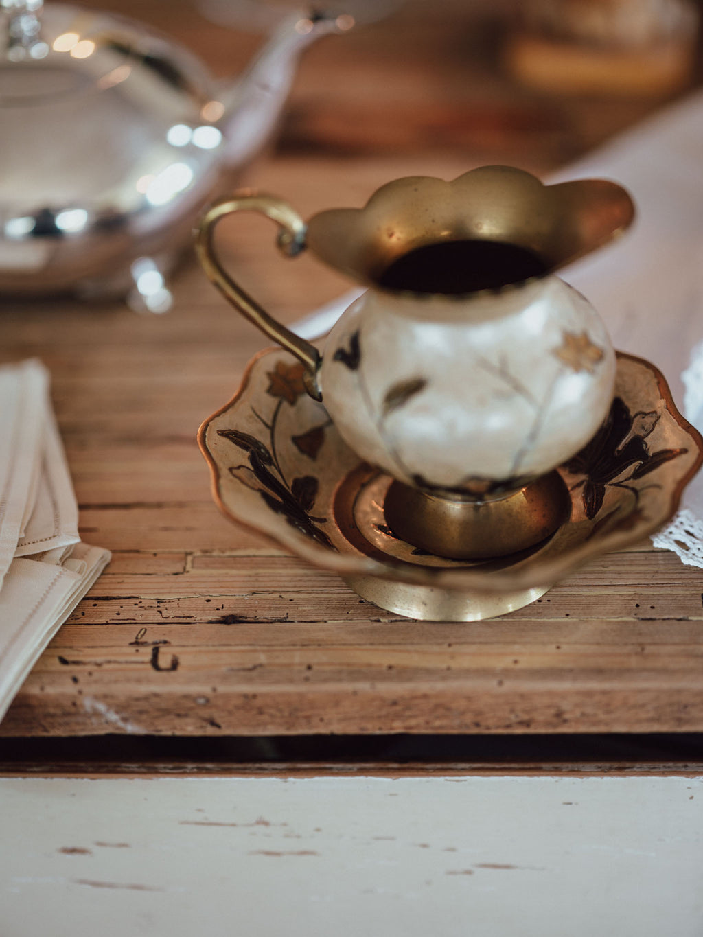Vintage Enameled Brass Pitcher & Bowl Set | Cream & Floral
