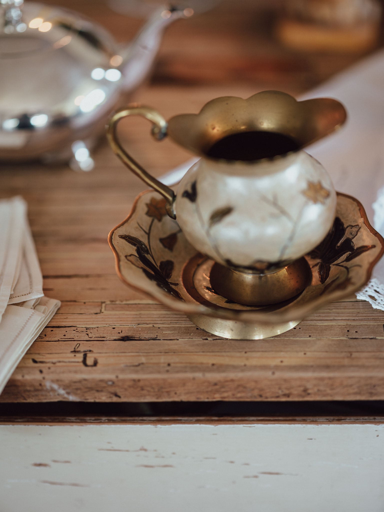 Vintage Enameled Brass Pitcher & Bowl Set | Cream & Floral