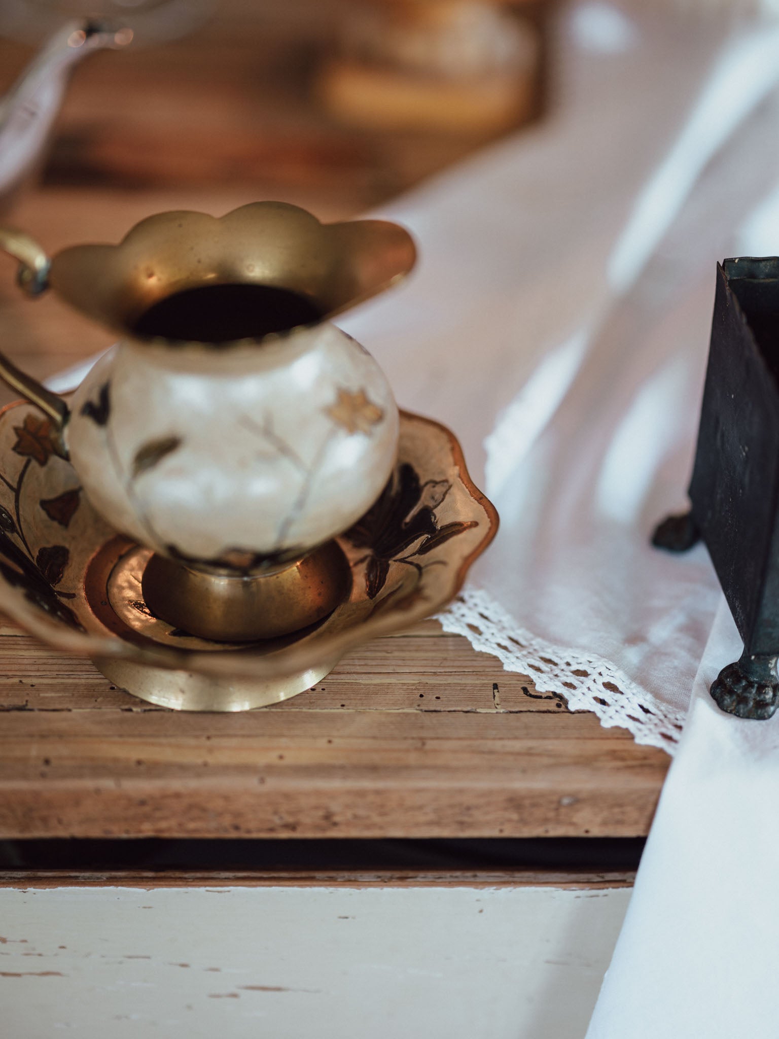 Vintage Enameled Brass Pitcher & Bowl Set | Cream & Floral