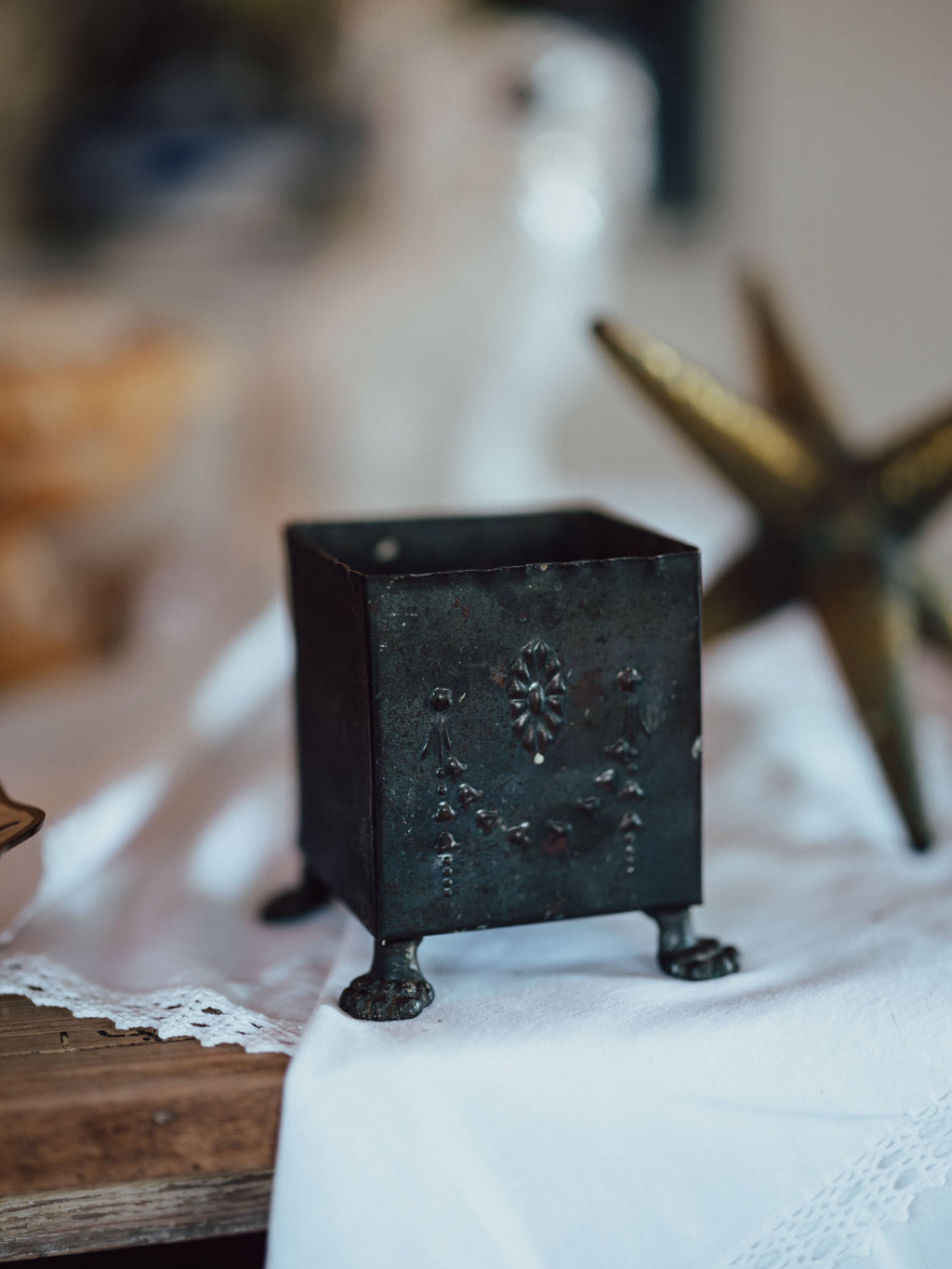 Antique Victorian Footed Metal Planter | Heavy Patina