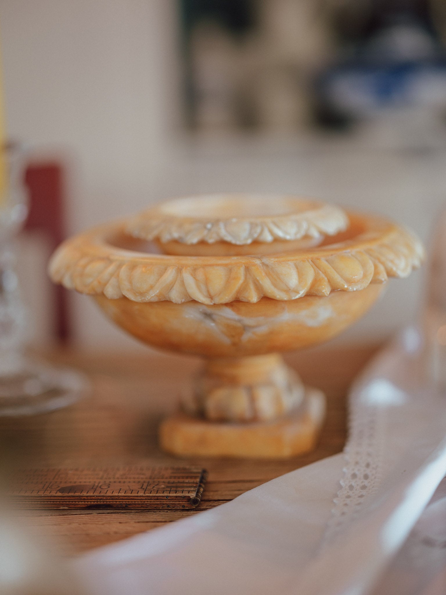Vintage Carved Alabaster Pedestal Tazzas | Pair