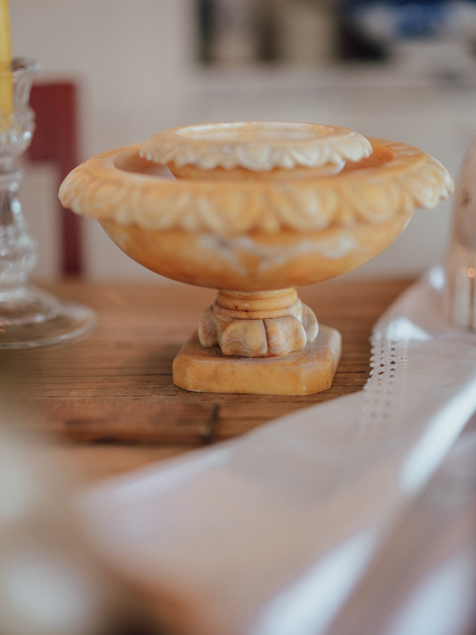 Vintage Carved Alabaster Pedestal Tazzas | Pair