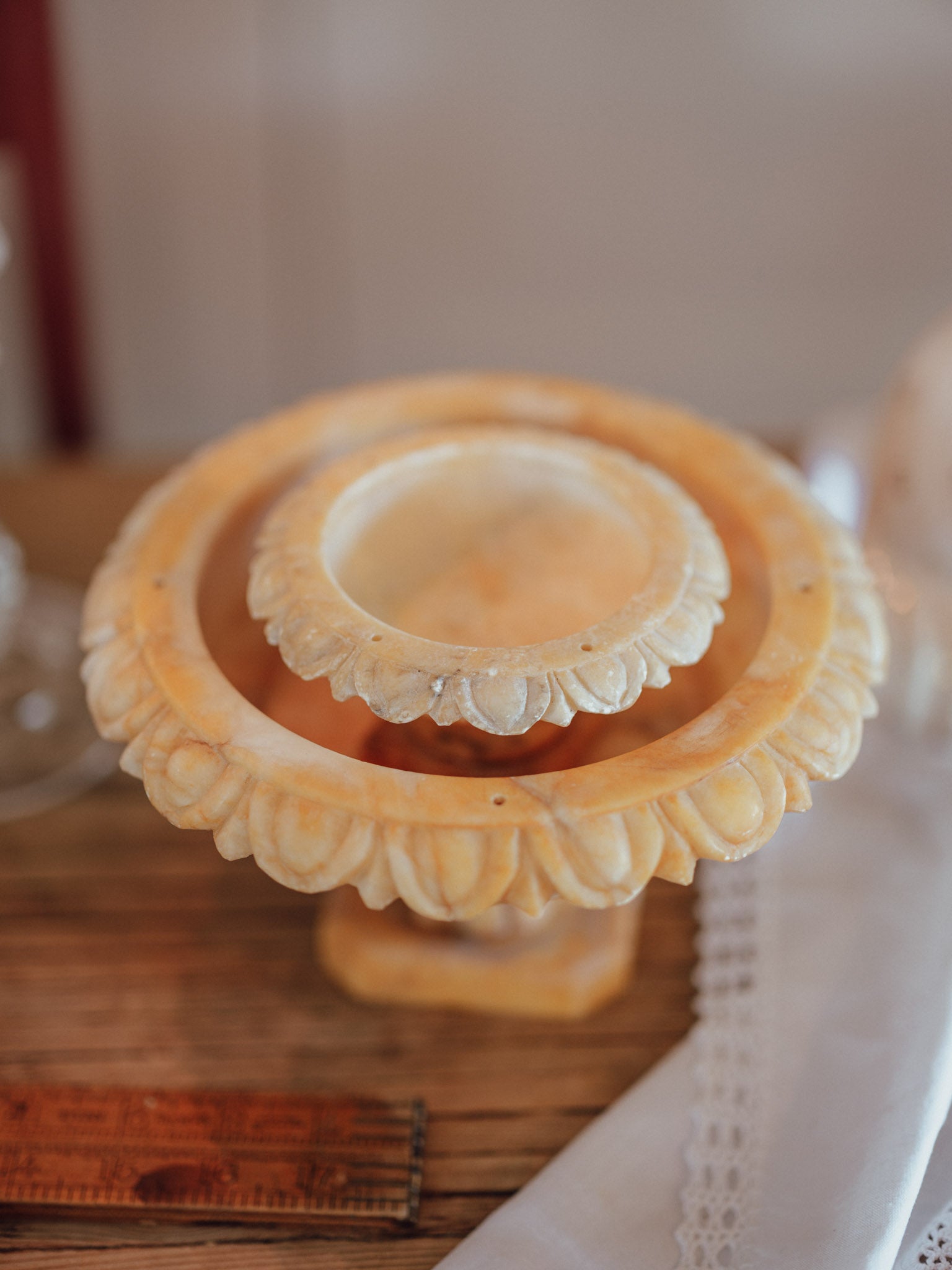 Vintage Carved Alabaster Pedestal Tazzas | Pair