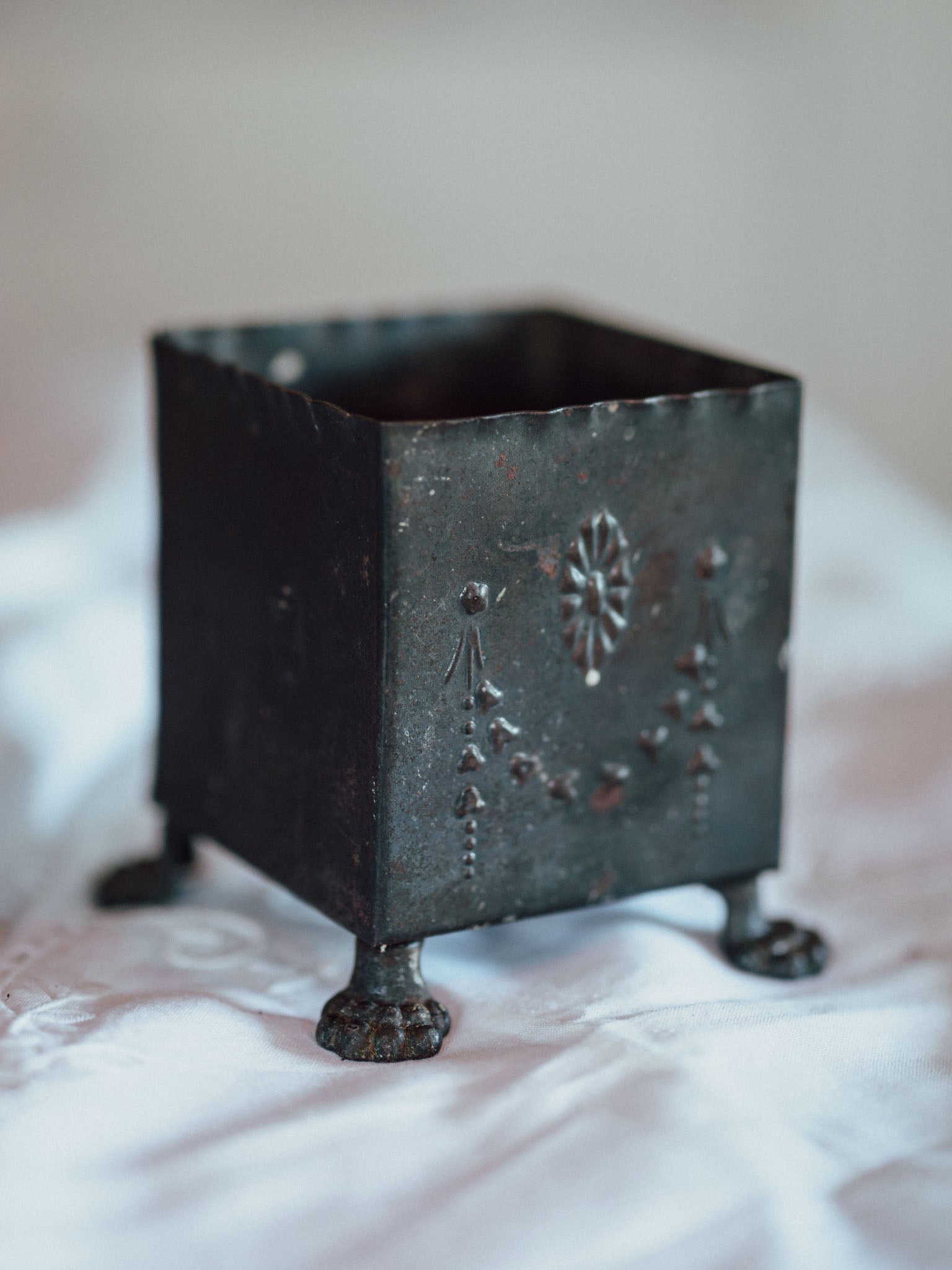 Antique Victorian Footed Metal Planter | Heavy Patina