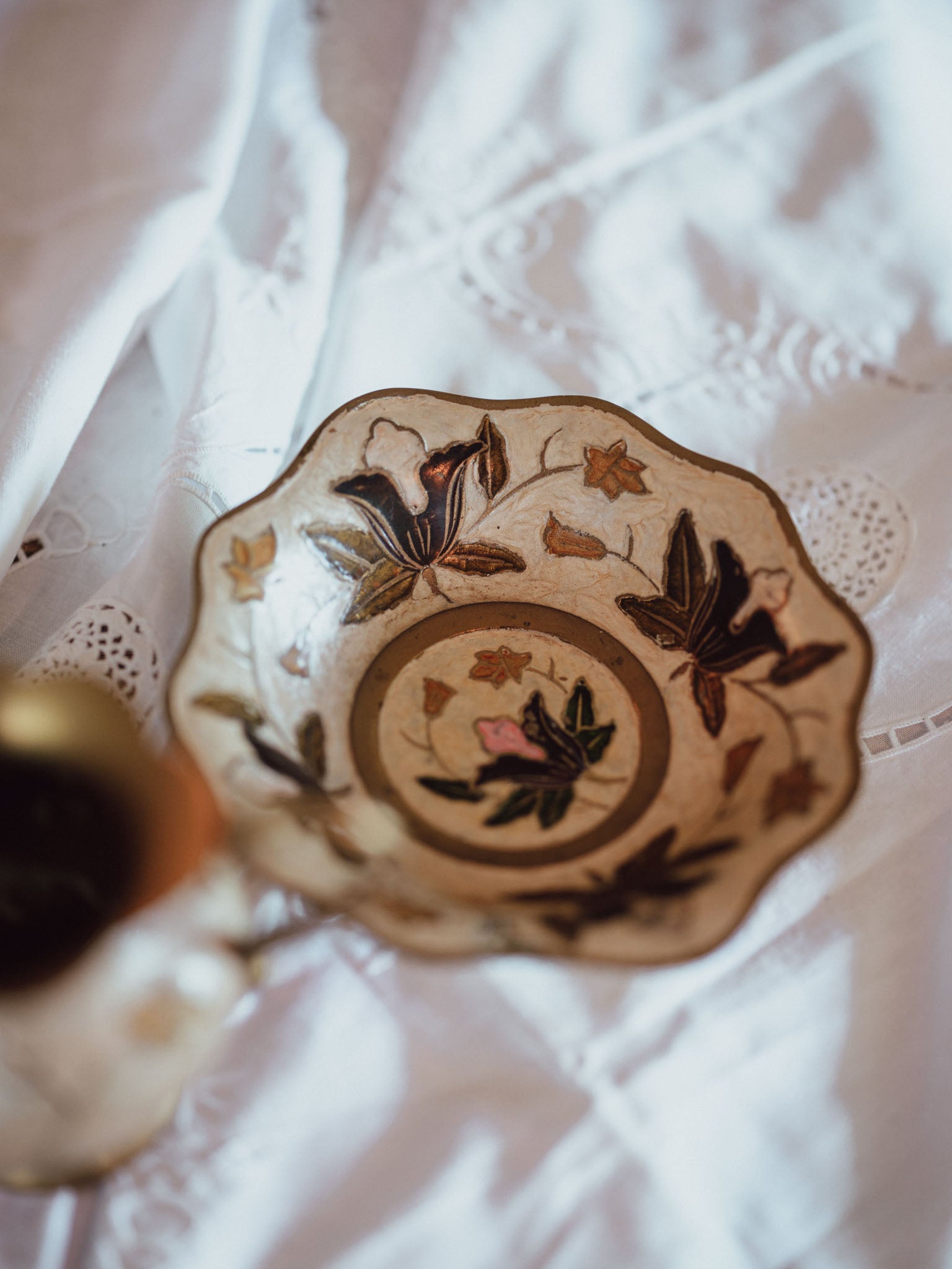 Vintage Enameled Brass Pitcher & Bowl Set | Cream & Floral