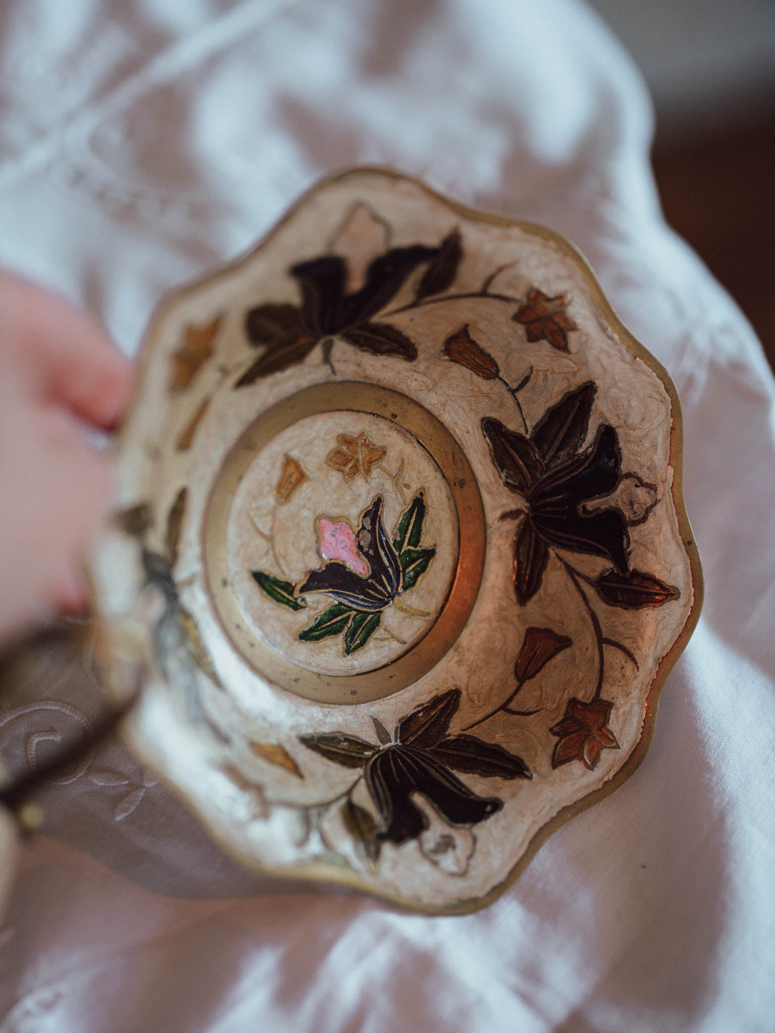 Vintage Enameled Brass Pitcher & Bowl Set | Cream & Floral
