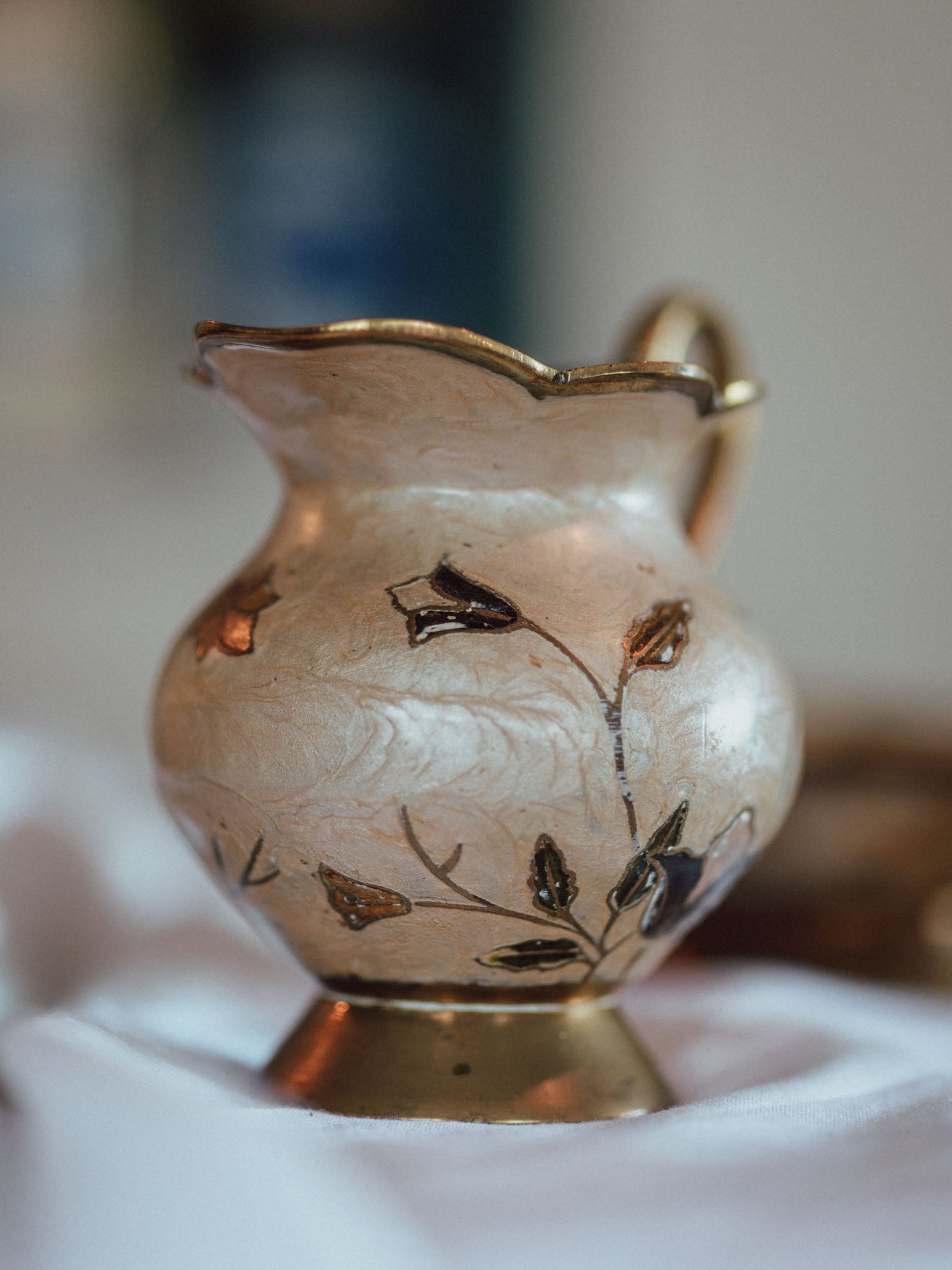 Vintage Enameled Brass Pitcher & Bowl Set | Cream & Floral