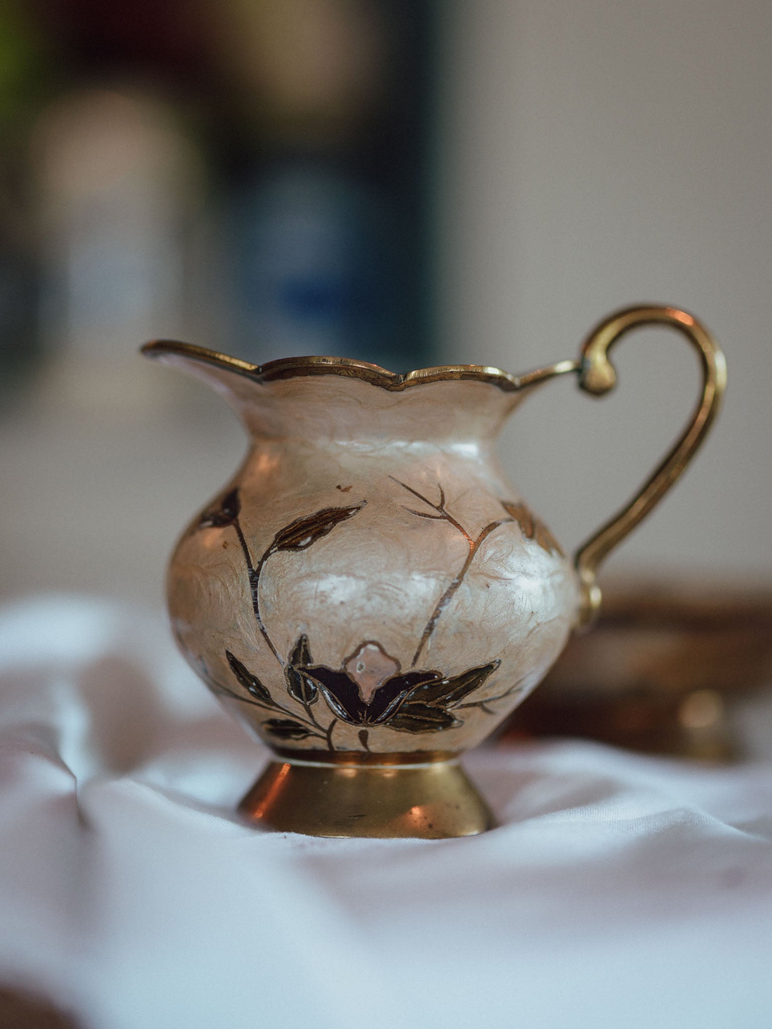 Vintage Enameled Brass Pitcher & Bowl Set | Cream & Floral