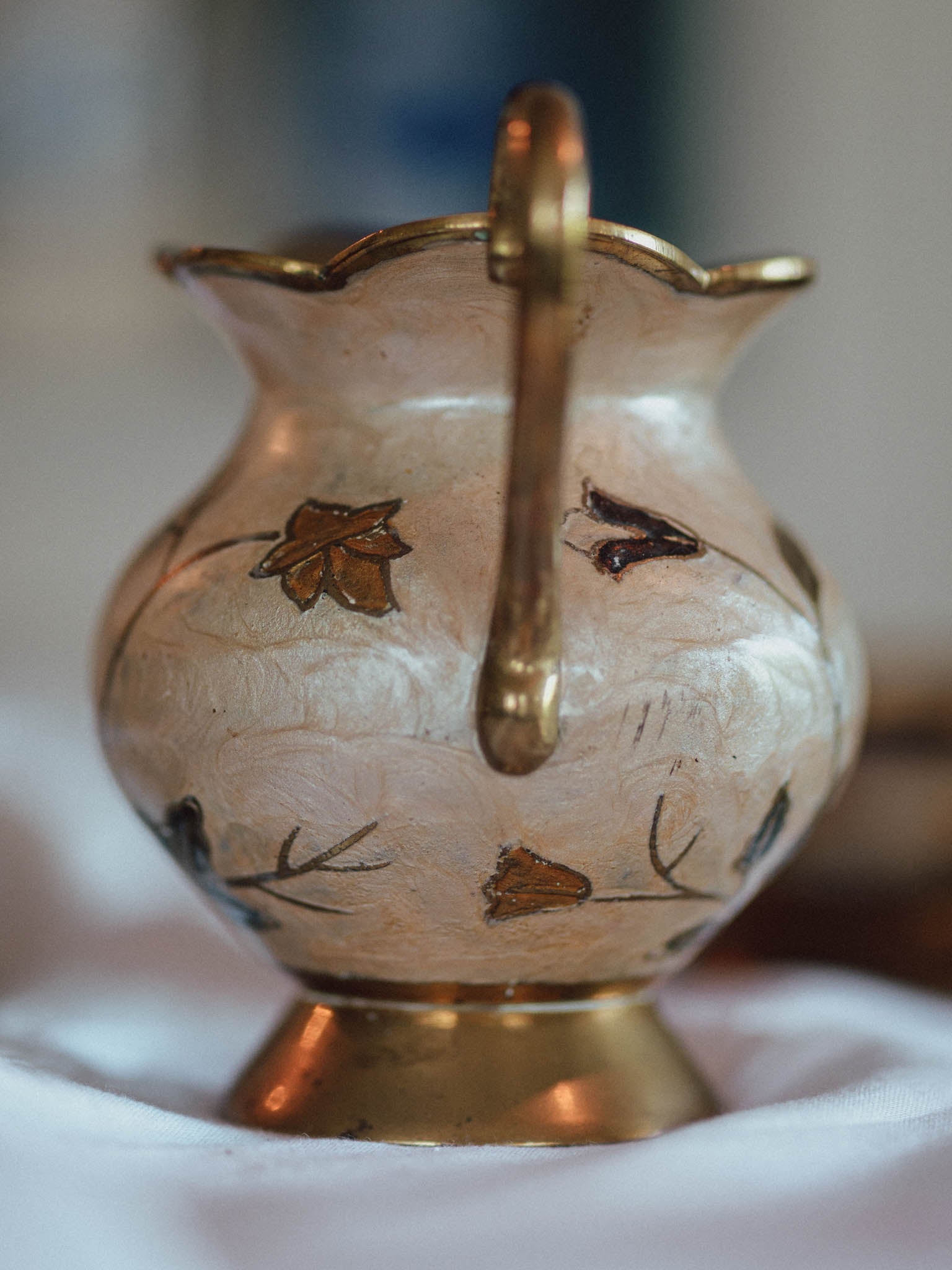 Vintage Enameled Brass Pitcher & Bowl Set | Cream & Floral