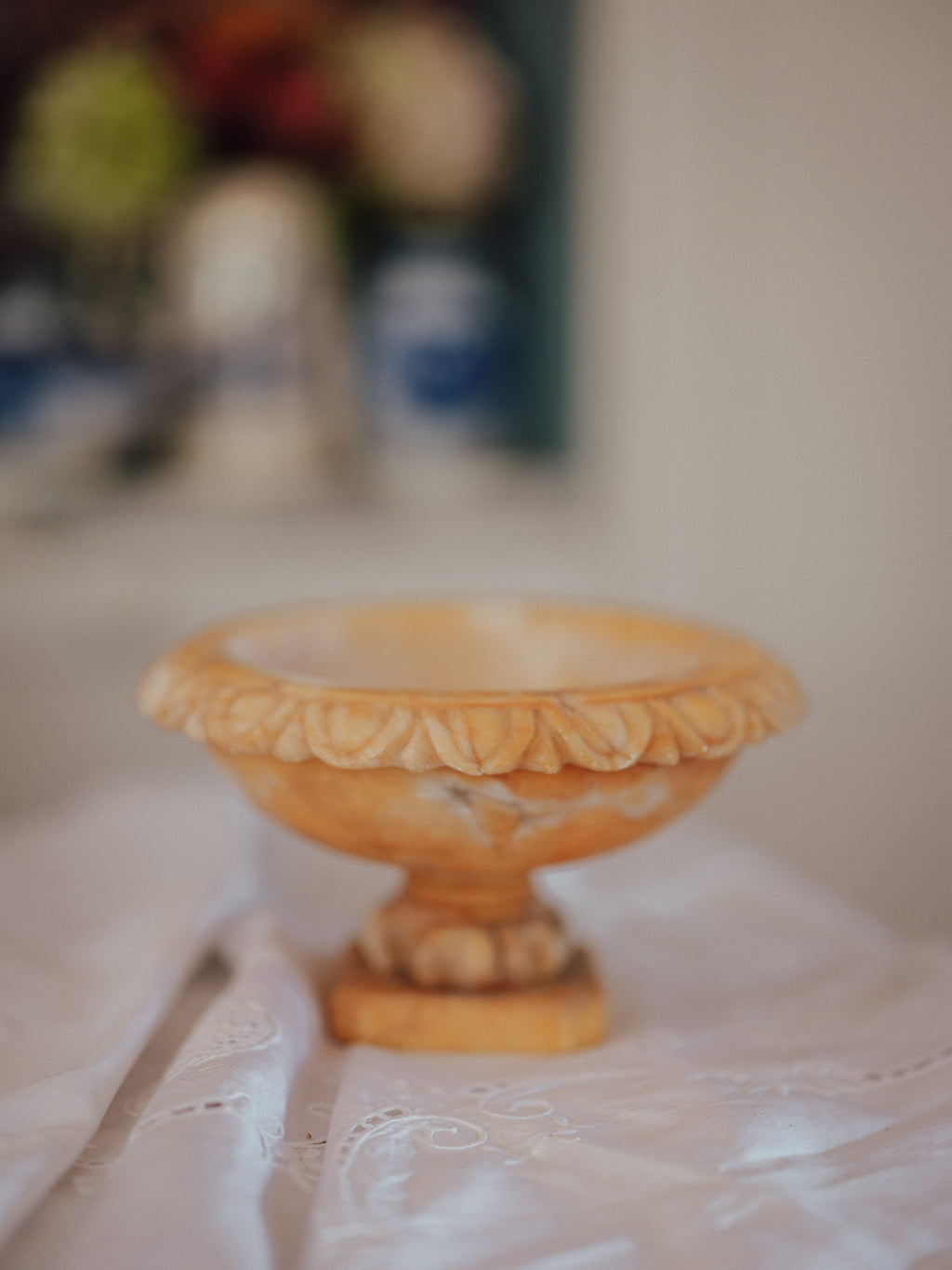 Vintage Carved Alabaster Pedestal Tazzas | Pair