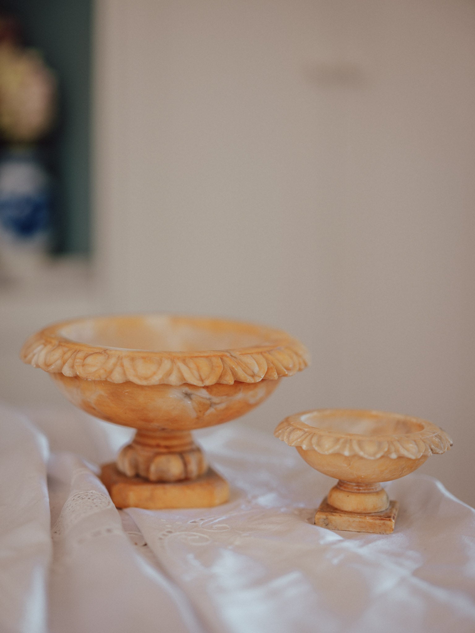 Vintage Carved Alabaster Pedestal Tazzas | Pair